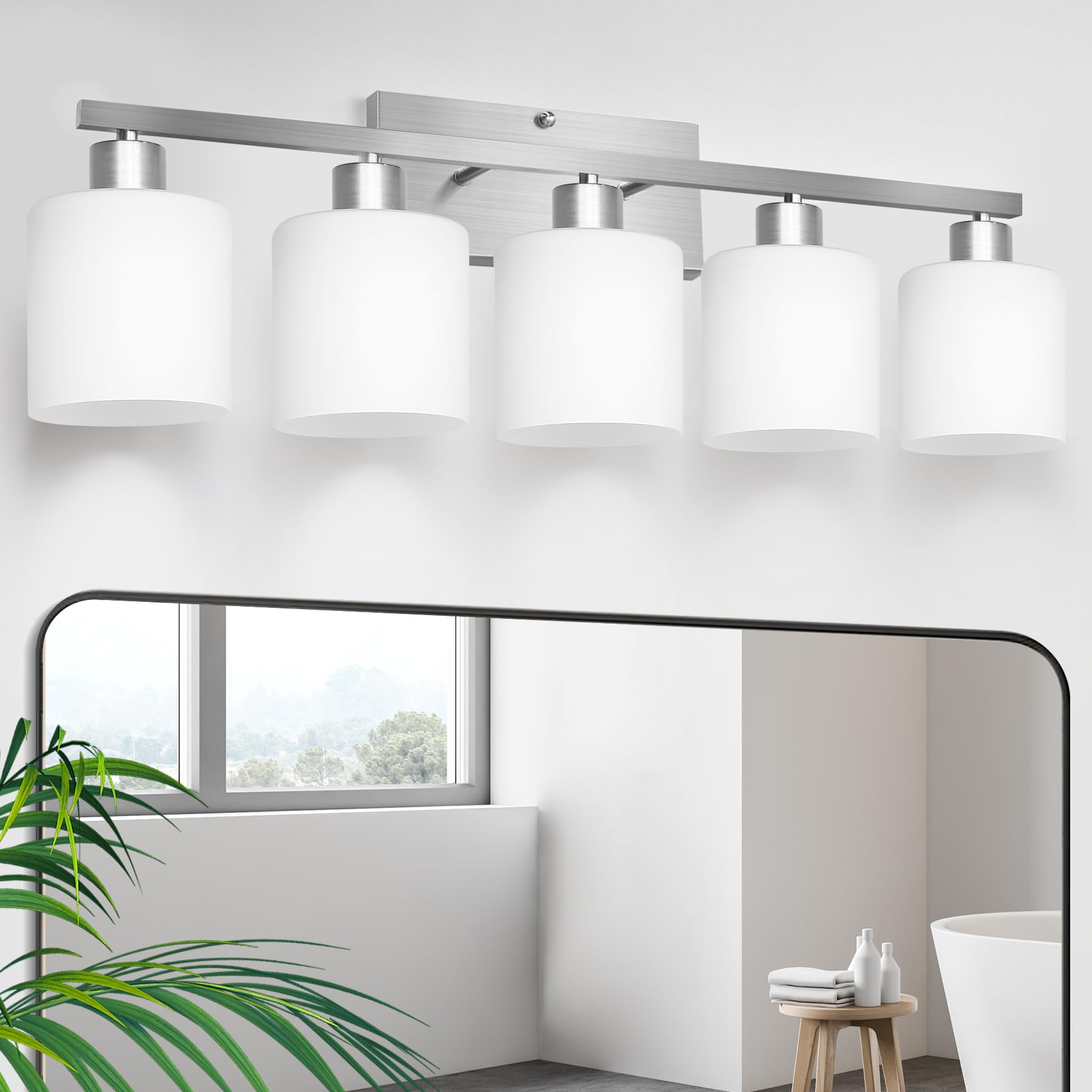 CANMEIJIA 5-Light Bathroom Vanity Light Fixtures with Brushed Nickel, Modern Vanity Lighting for Bedroom Living Room, Vanity Lights with Milky White Glass Shades, E26 Socket, Bulbs Not Included