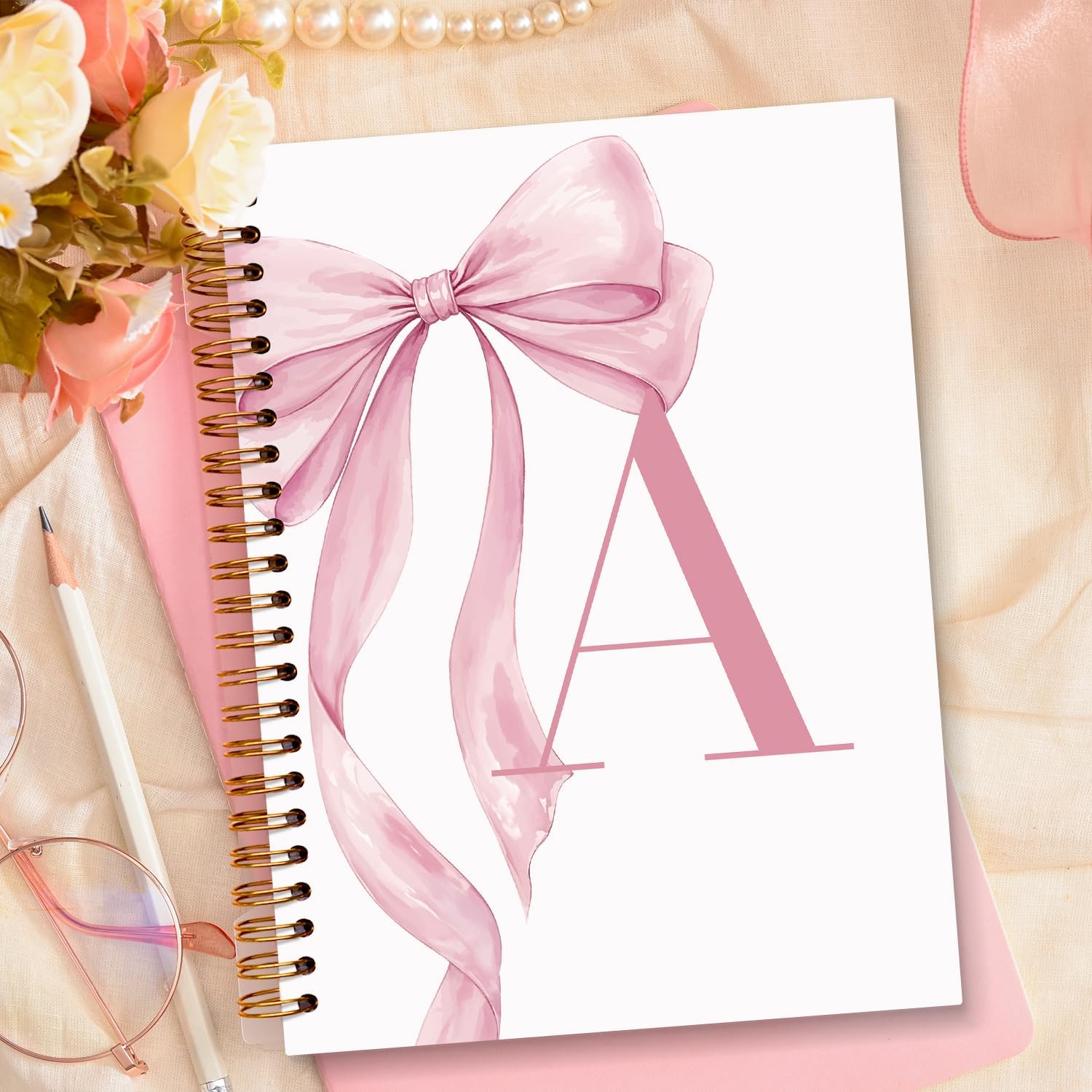 JXREQ Coquette Pink Bow Personalized Notebook, Initial Letter A Monogram Journal, Preppy Girly Ribbon Bow Journal, Monogrammed Gifts for Women, Aesthetic Spiral Notebook 5.5x8.3 - Image 5