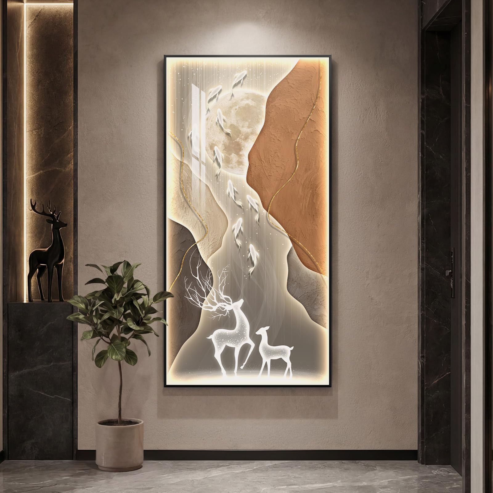 Condition photo showing New/Like New for large framed modern neutral led wall art for hallway, vertical lighted luxury minimalist moon deer artwork for walls, dimmable backlit wall decor for living room, entryway, home office, 28x57 inch