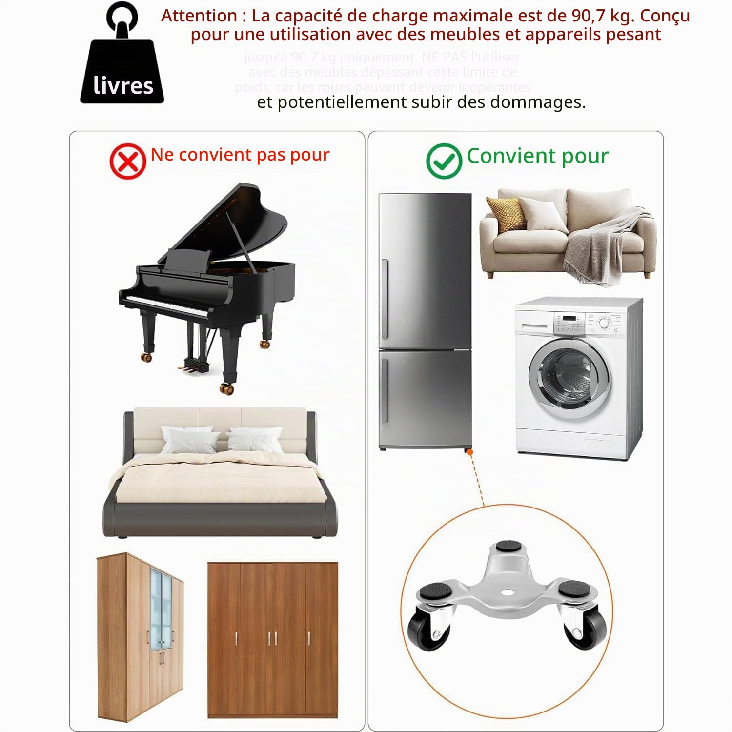 QWORK® 4 pièces 152mm Tri-Dolly en Acier, capacité de Charge de 180 kg, idéal pour déplacer des Meubles et des appareils électroménagers, Durable et Facile à Utiliser