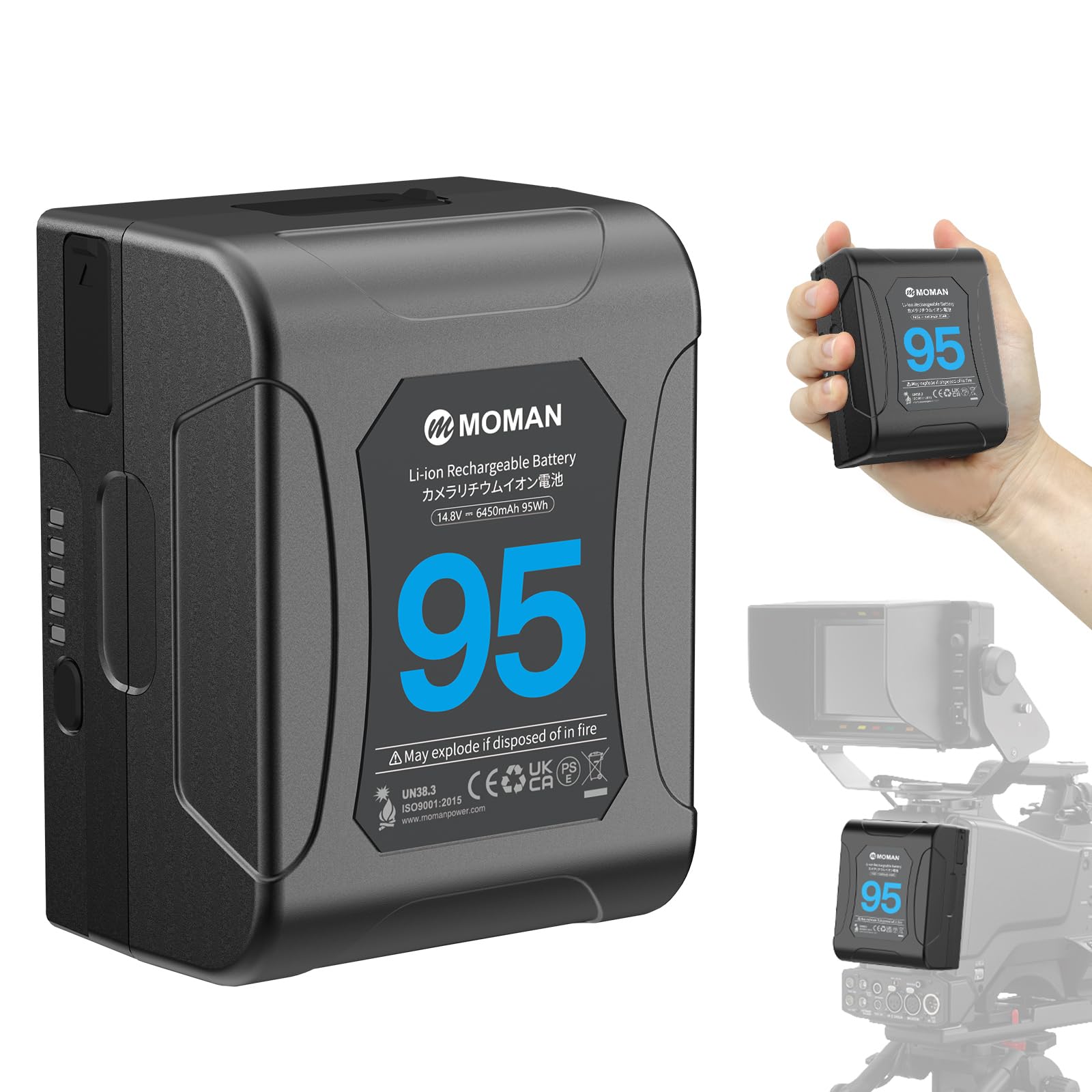 V Mount Battery, Moman Power 95 Mini V Lock Batterys 95Wh 6450mAh 14.8V with 2×D-TAP/USB-A/BP Output, small portable for Sony Canon Camera BMPCC Camcorder Dslr Monitor LED, V-Mount-Dtap-Mini-Battery