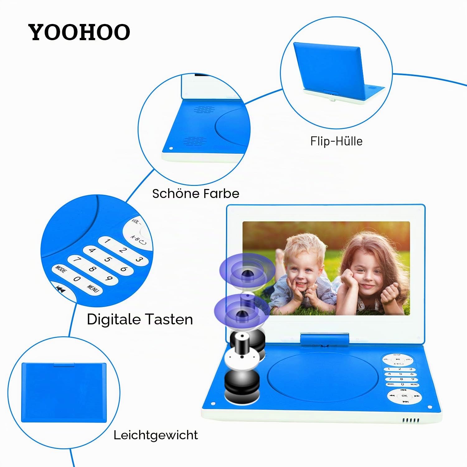 YOOHOO Tragbarer DVD-Player, 32,5 cm (12,5 Zoll) mit 26,7 cm (10,5 Zoll), 270° drehbarem HD-Drehbildschirm mit wiederaufladbarem Akku, AC-Adapter, unterstützt alle Regionen, Multiregionen
