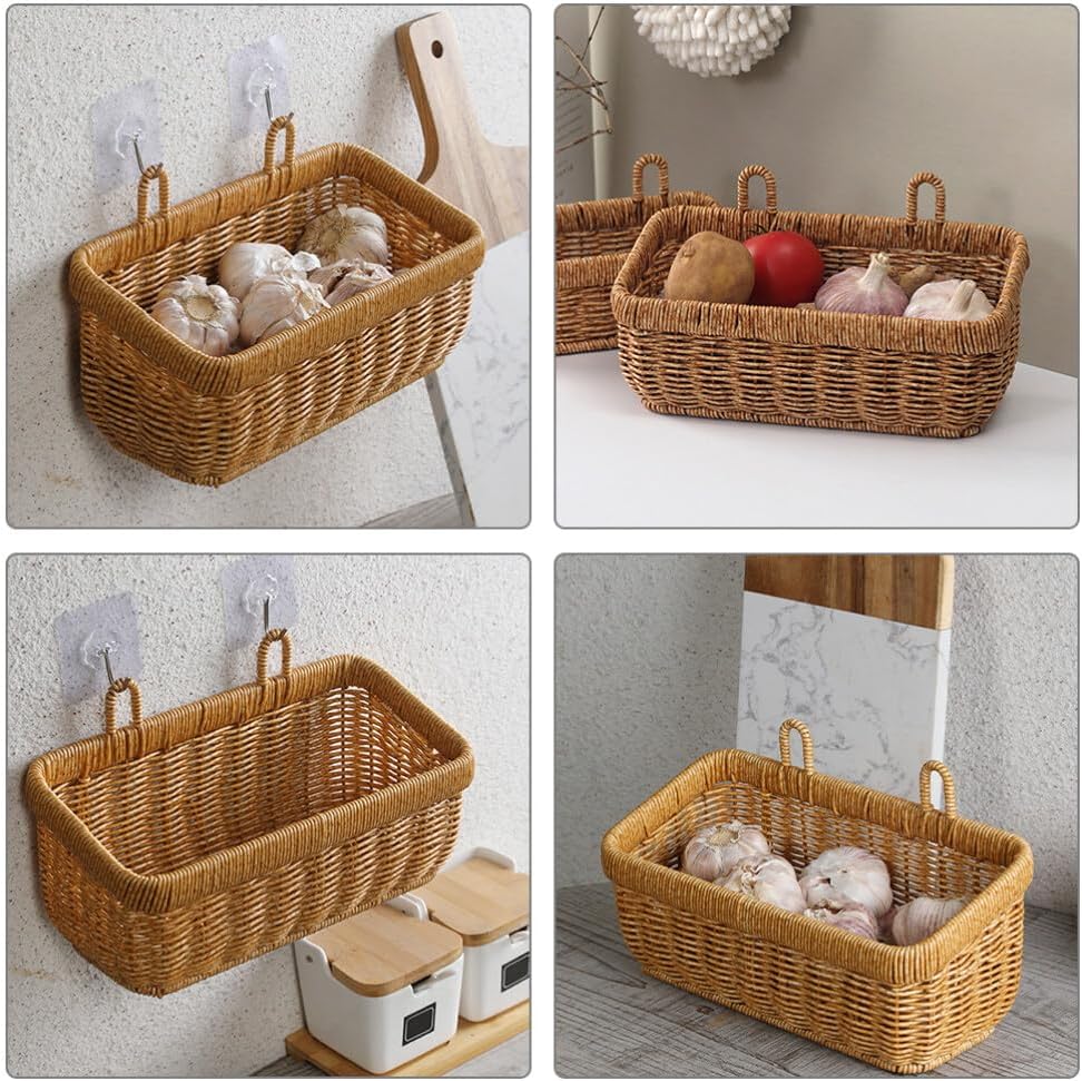 BESTonZON Hanging Woven Storage Basket Vegetable Fruit Keeper Veggies Onion Basket Wall Mount Organizer Entryway Mail Letter Holder Plant Rattan Bin for Home