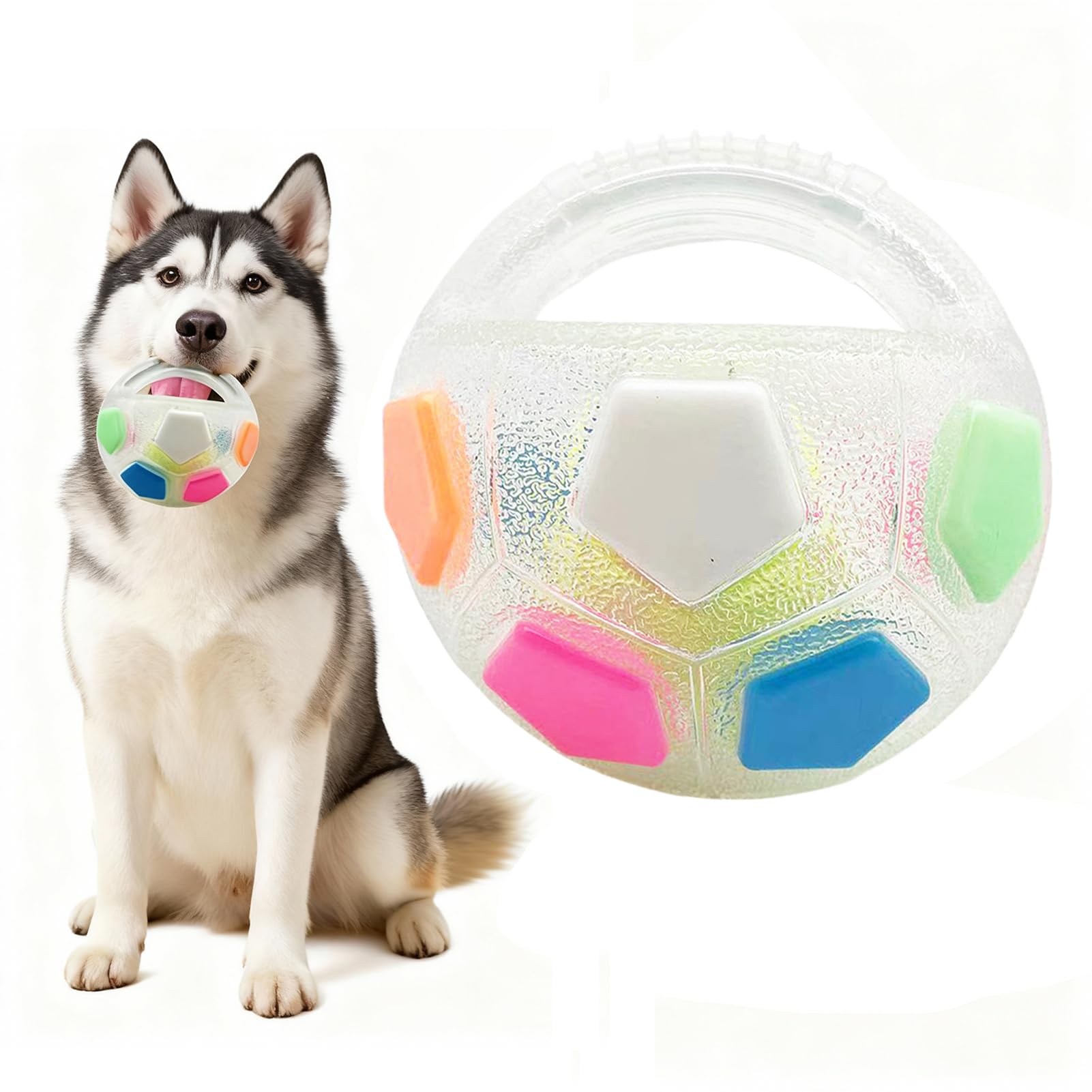 Interactive Tough Dog Ball Toy, Squeaky Chew Interactive Dog Toy, 13cm/5.12in, Pet Football Shape Toy, Round Rubber Chew Ball with Handle for Aggressive Chewers Fetch and Trainin (Transparent)