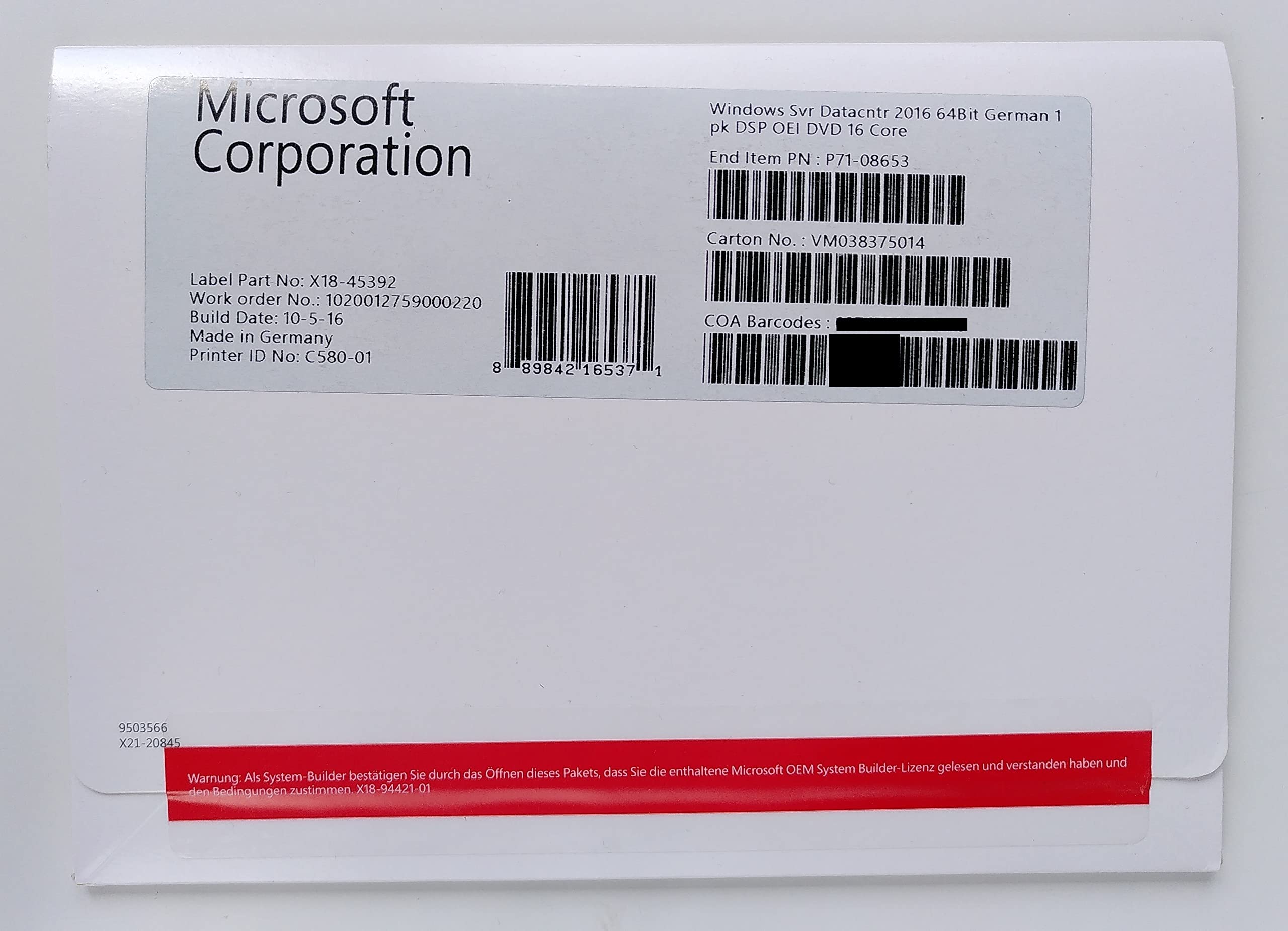 Windows Server 2016 Datacenter (x64) – System Builder Vollversion, Disc (DVD), 16 Core, SKU P71-08653