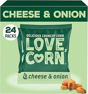 LOVE CORN Cheese & Onion Crunchy Corn Snack | 24 x 20g Bags | Kosher, Vegan, Gluten-Free | Simple Ingredients, Low Calorie, Low Sugar | Great For Lunchbox & On The Go | Perfect Healthy Graze | UK Made