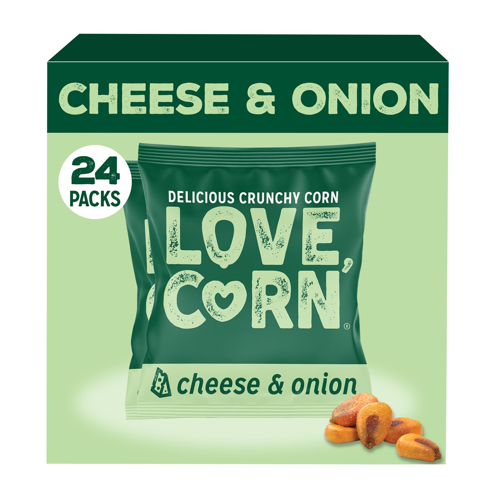 LOVE CORN Cheese & Onion Crunchy Corn Snack | 24 x 20g Bags | Kosher, Vegan, Gluten-Free | Simple Ingredients, Low Calorie, Low Sugar | Great For Lunchbox & On The Go | Perfect Healthy Graze | UK Made