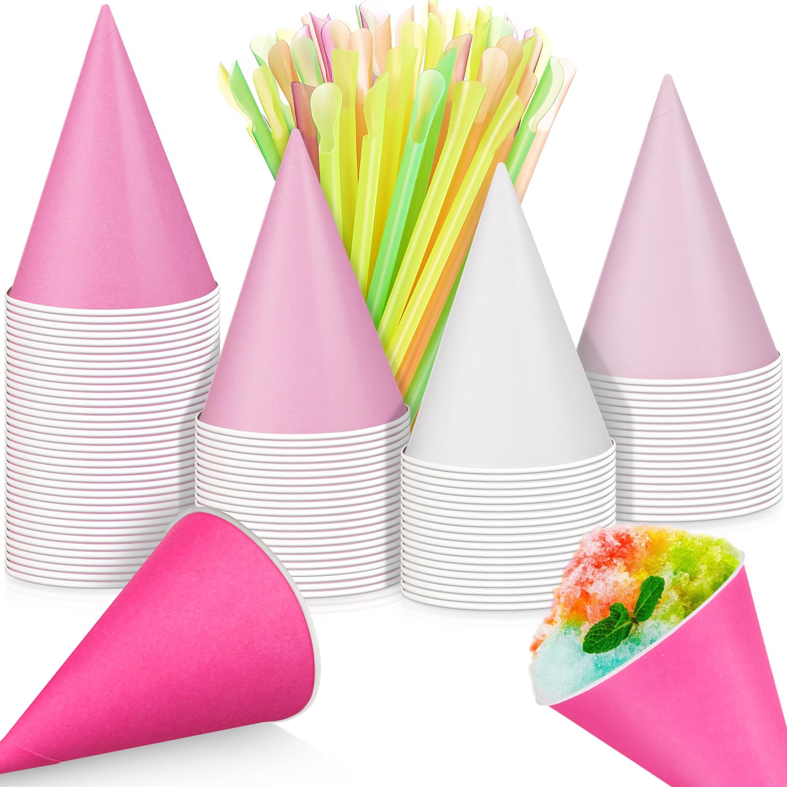 Boao 100 Pcs Snow Cone Cups Syrup Spoon Straws,Gradient Pink,4.5 Oz