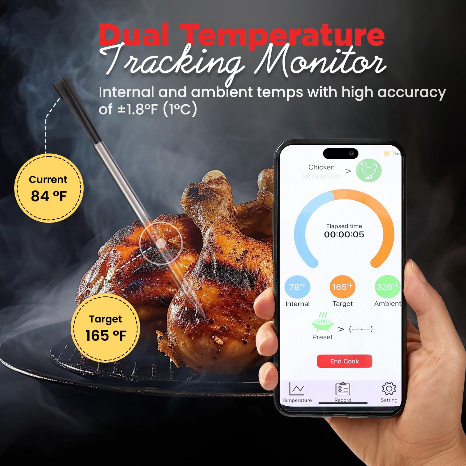 Termometro wireless Bluetooth intelligente per grigliare e affumicare, sonda di temperatura wireless in acciaio inox controllata da app digitale, portata 250 m, impermeabile, lavabile in