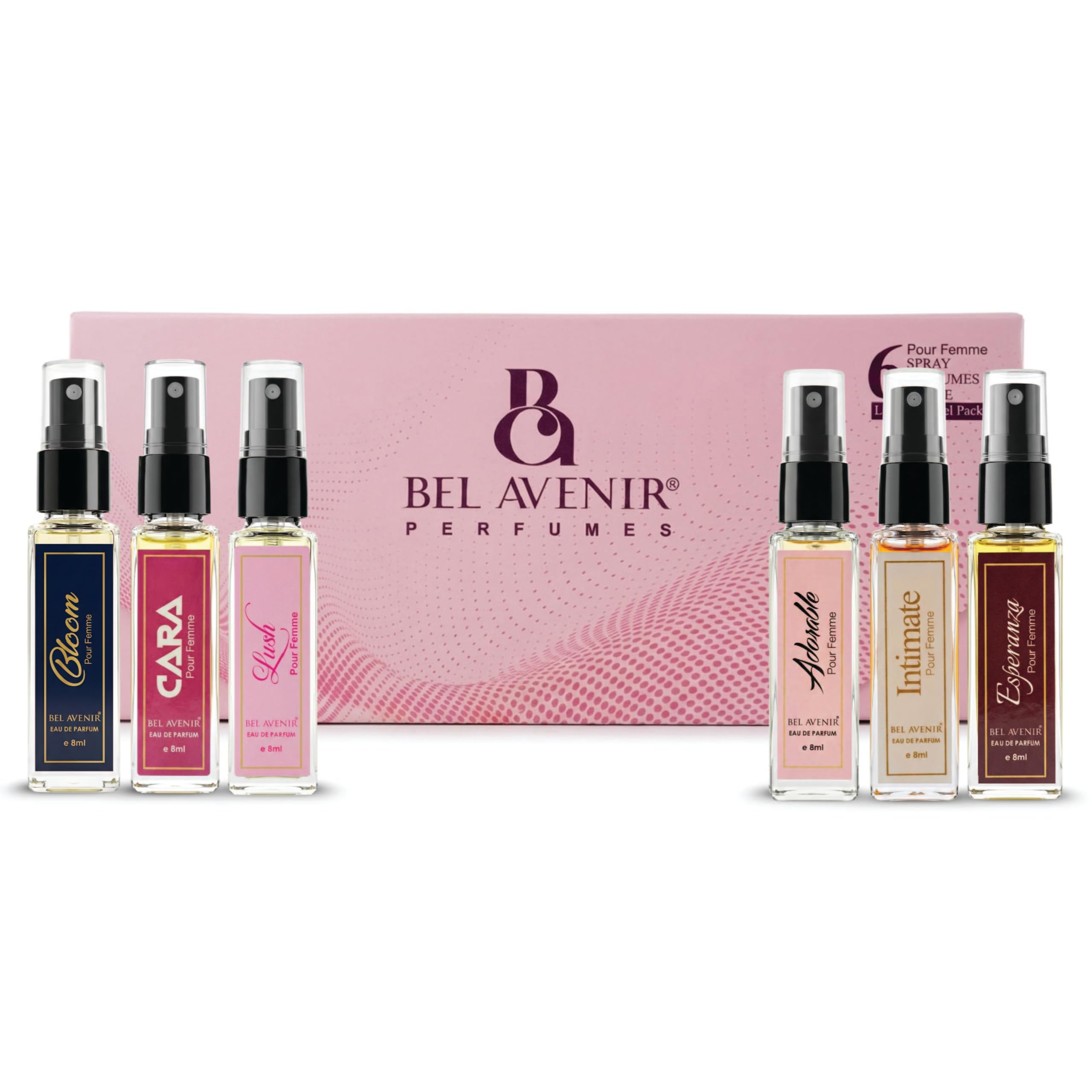 Bel Avenir Womens Luxury Long Lasting Eau de Perfume Pocket Gift Set | For Her. Gift Set/Travel Kit of Top Mixed variant of 6 Luxury Perfumes | Easy to Carry (8ml Each)