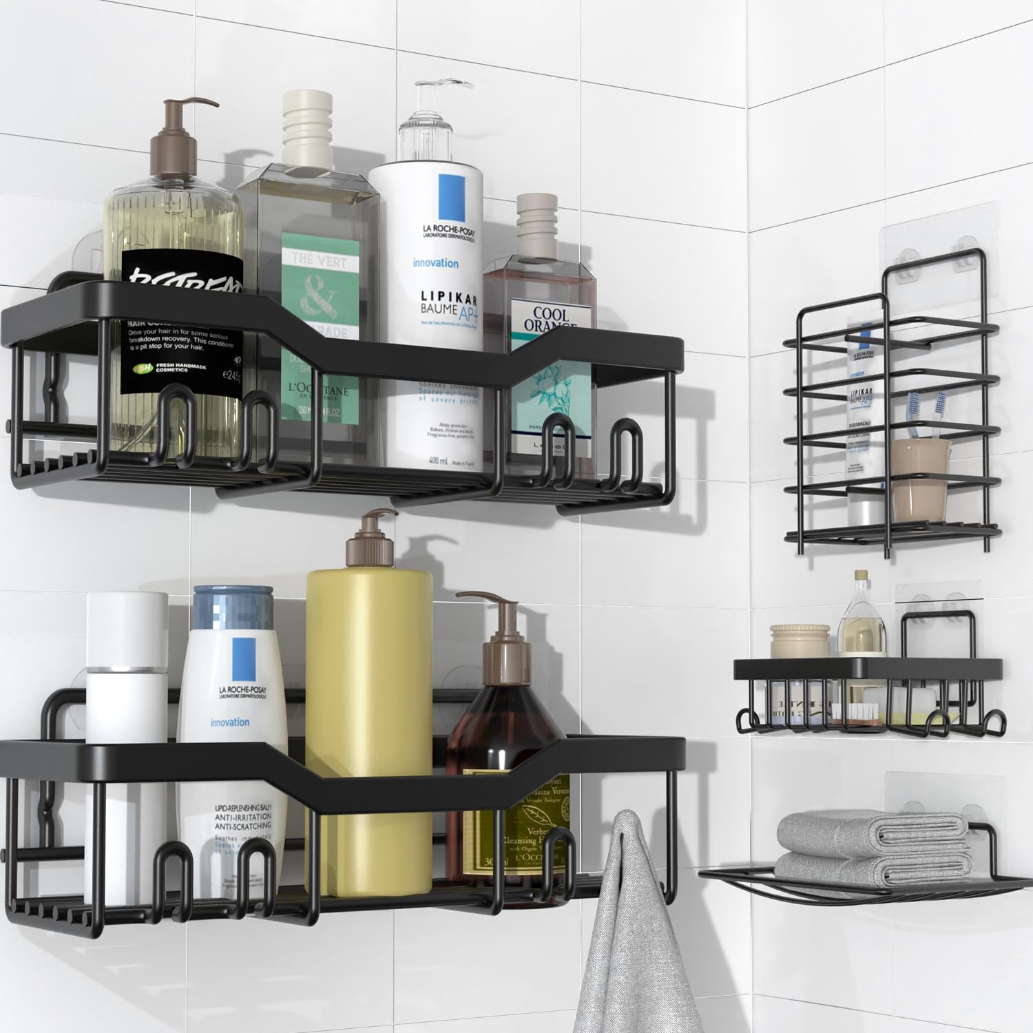 Shower Caddy 5 Pack,Shower Organizer Rack Self Adhesive Shower Shelf for Inside Shower Storage,Bathroom Shower Shelves with Soap Caddy & Toothbrush Holder No Drilling (Black)