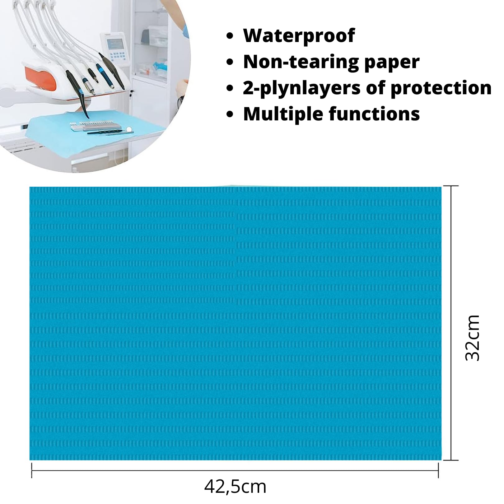 100 Stück 42,5 x 32 cm Dental Lätzchen Einweg 2-lagig Wasserdicht Piercing Tattoo Papier Tischdecken Clean Pad Patient Serviette Tissue Lätzchen für Zahnklinik, Tattoo Station (Caribbean Blue)