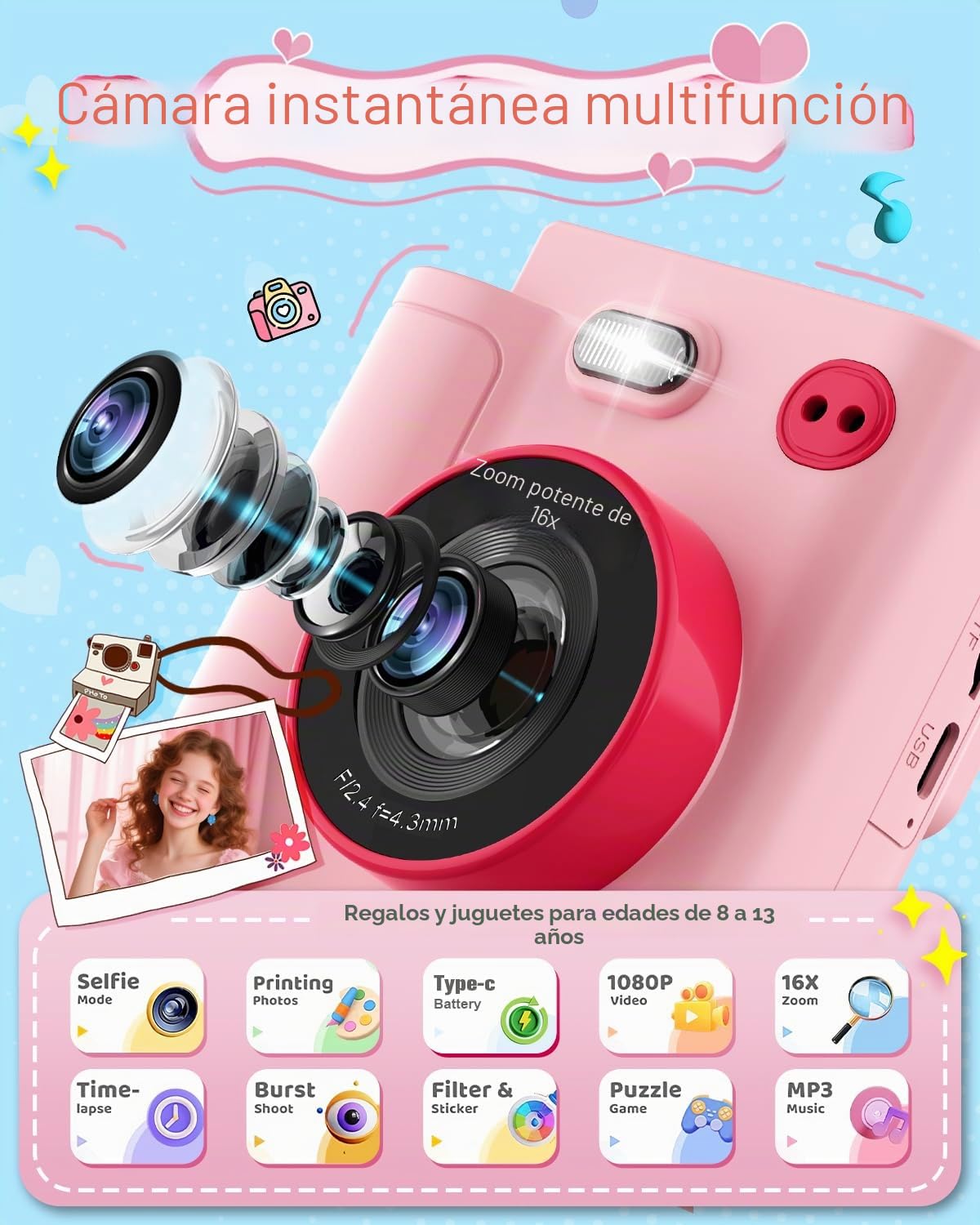 Camara Fotos Infantil Instantanea, 1080P HD Cámara Instantánea para Niños con Tarjeta de 32G y Papel Fotográfico, Cámara de Fotos Infantil Regalos de Juguete para Niños de 3 a 12 Años