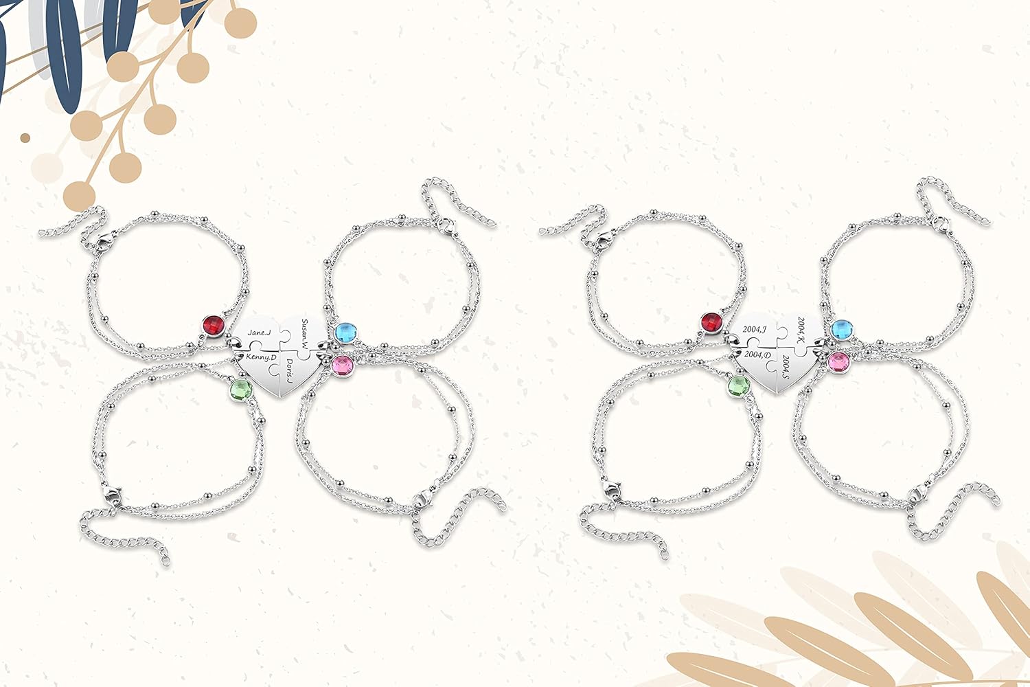 Jovivi Personalized Custom Matching Heart Puzzle Piece Friendship Bracelet Set of 2/3/4 Pcs for Family Sisters Best Friends Custom Name Stainless Steel BBF Jewelry Anklet Bracelet Engraved Love Bracelets for Women