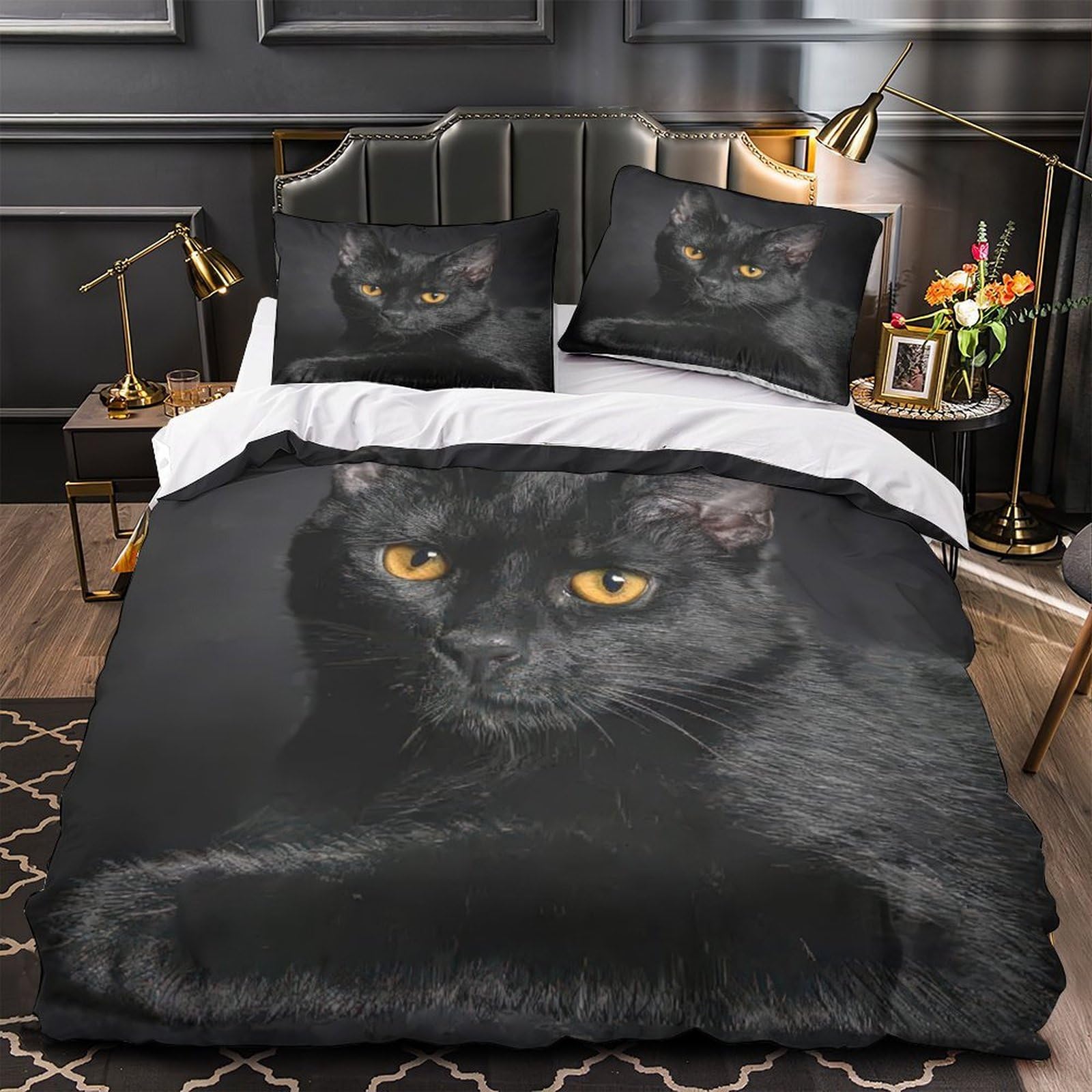 Housse de couette chat noir 135x200cm en microfibre douce avec fermeture éclair pour lit simple