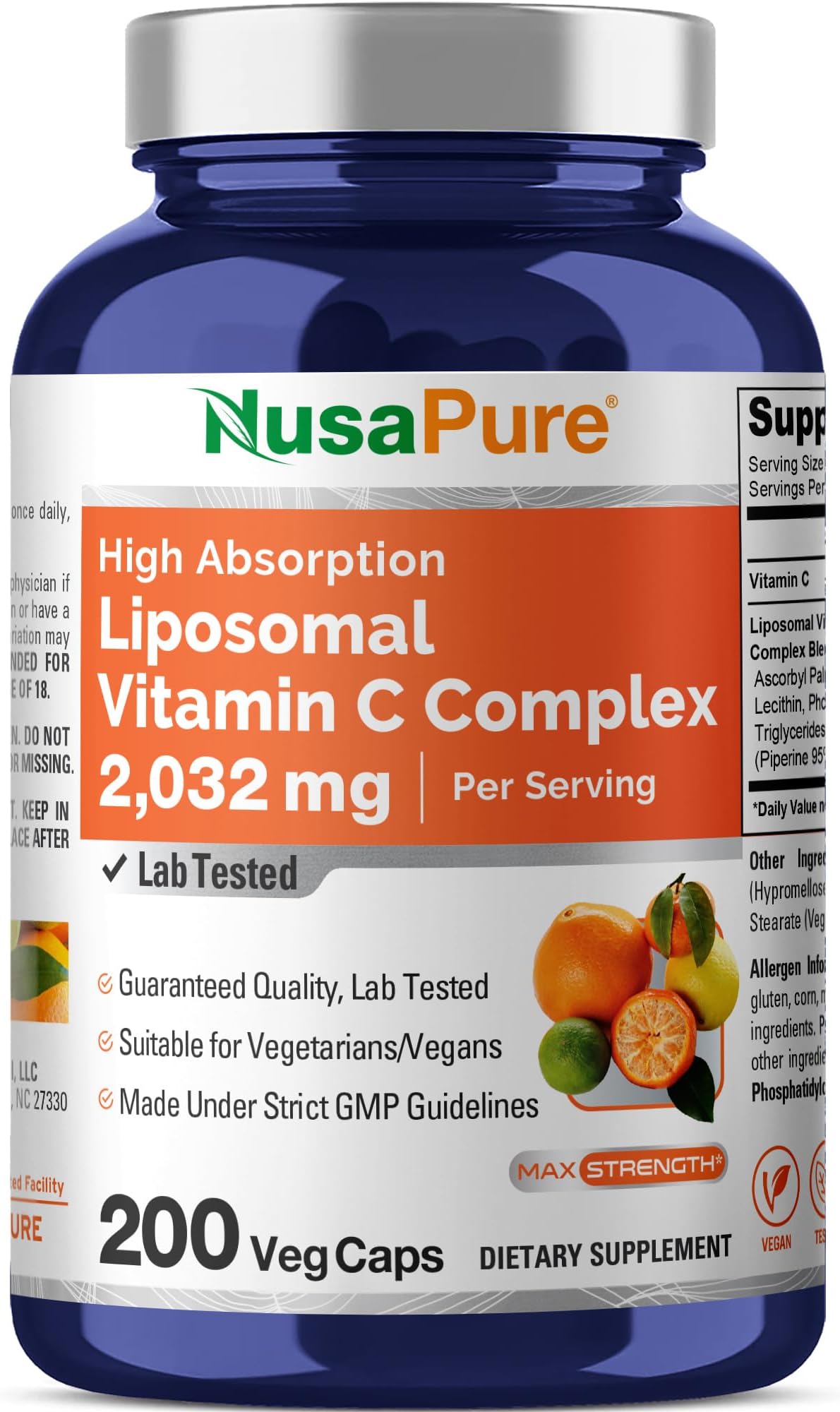 NusaPure Liposomal Vitamin C 2032mg - 200 Veggie Vegan Capsules, BioPerine - High Absorption Ascorbic Acid