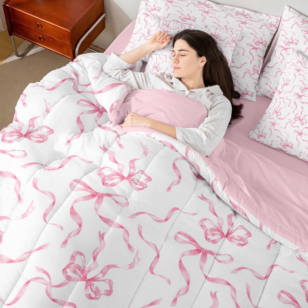Erosebridal Princess Bow 7 Piece Bedding Set King Coquette Bowknot Comforter Set with Sheets Girly Coquette Aesthetic Bed in a Bag Pink Kawaii Ribbon Bed Sets Fantasy Tie Comforter