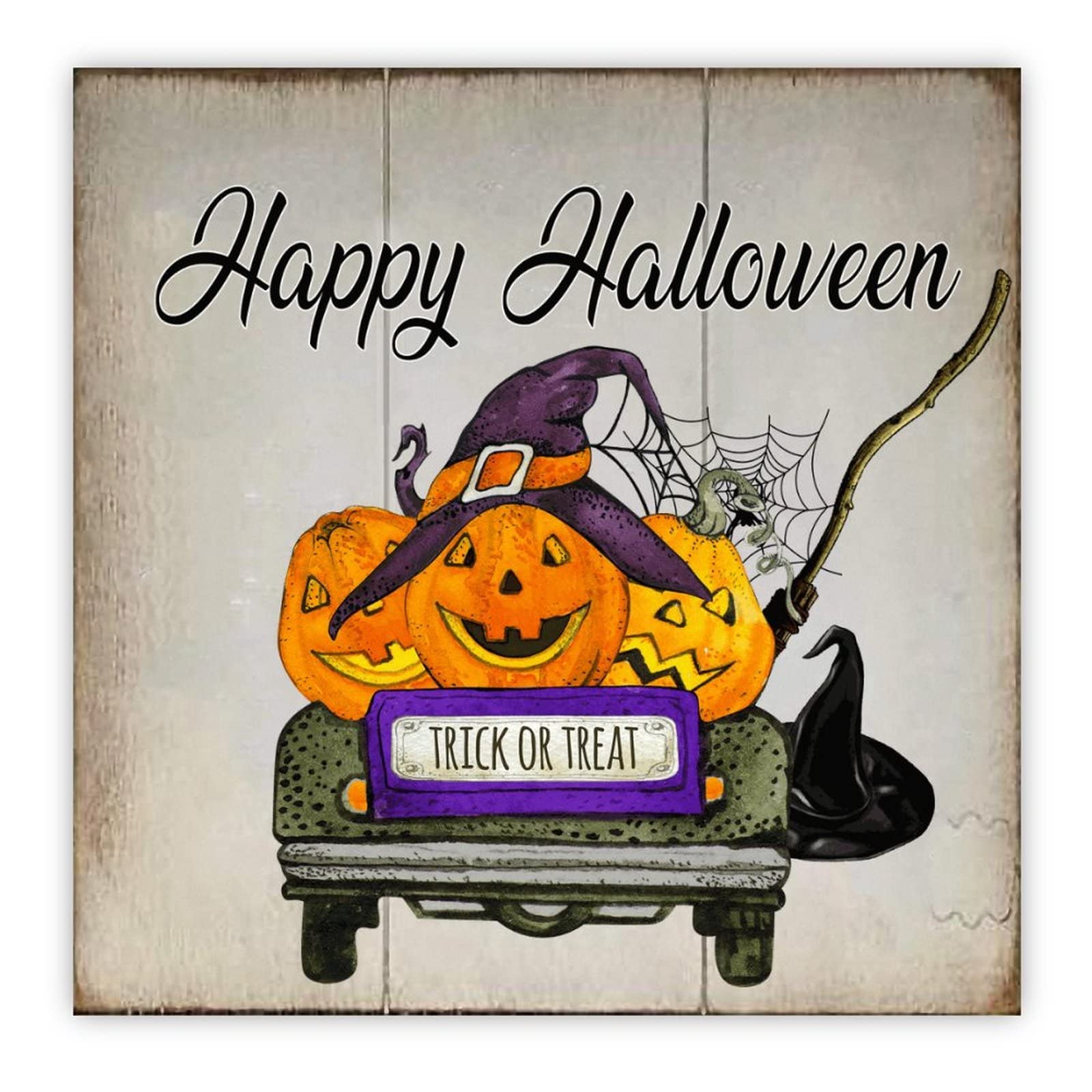 Panneau bois Halloween noir 40x40 cm décoration murale horreur citrouille et camion minimaliste