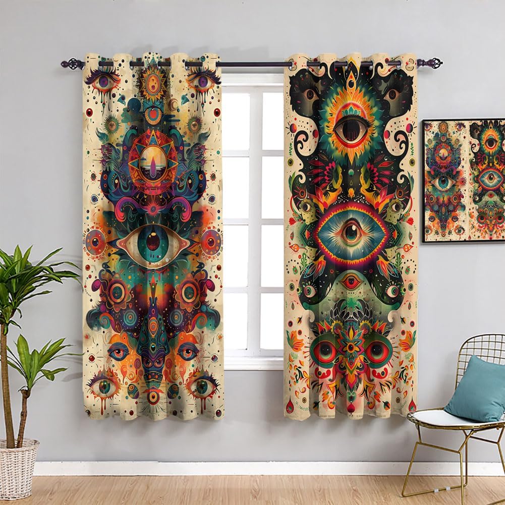 Hippie Eyes Blackout Curtains for Kid Girls Boys Bedroom, Mandala Moon Vintage Grommet Window Drapes for Bedroom Living Room, 42Wx63L inch