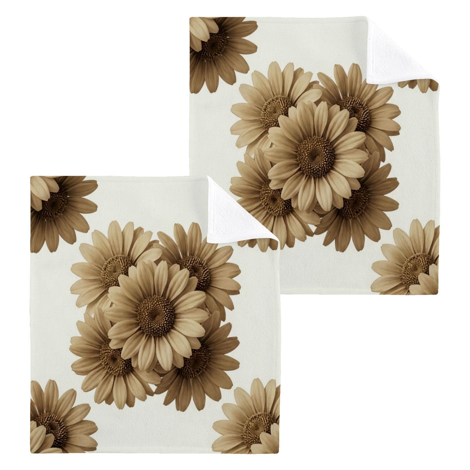 BOESI Sepia Daisy Bloom 12x12in Cotton Washcloth,Face Towel