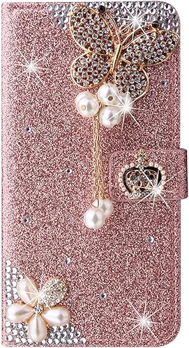 Miniatura 8 de XYX Funda tipo cartera para Samsung Galaxy A32 5G, Bling Glitter Crown Butterfly Diamond Flip Card Slot Luxury Girl Women Phone Cover - Negro