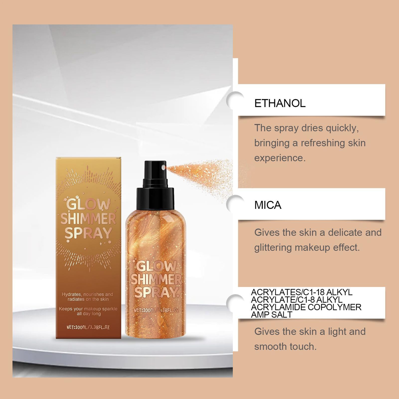 Body Glitter Spray, 100 ml Shimmer Mist for Hair & Skin, Moisturizing Glitter Spray, Long Lasting, for Nightclub, Festival, Prom Makeup Wife Women Teens Adult