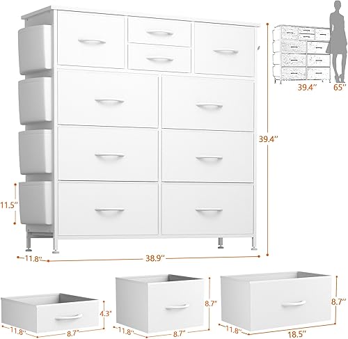 Miniatura 3 de 10 Drawer Dresser, Chest of Drawers for Bedroom, PU Dresser with Side Pockets, Hooks, Wooden Top and Sturdy Metal Frame for Living Room, Closet,