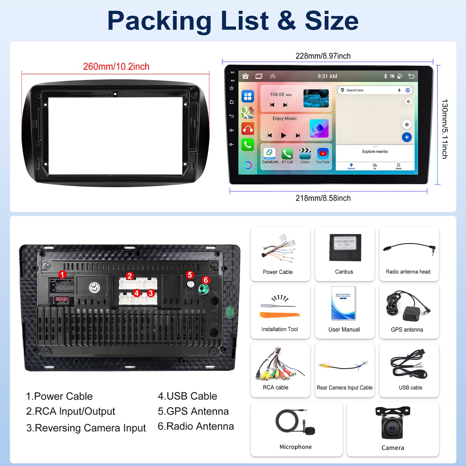 Android 15, 6G+128G GOHHDL Radio Coche 2Din para Mercedes Benz Smart Forfour Fortwo 453 2014-2022 con Carplay Android Auto, Pantalla Táctil de 9 Pulgadas con Mirror Link GPS WiFi BT FM/RDS EQ Cámara