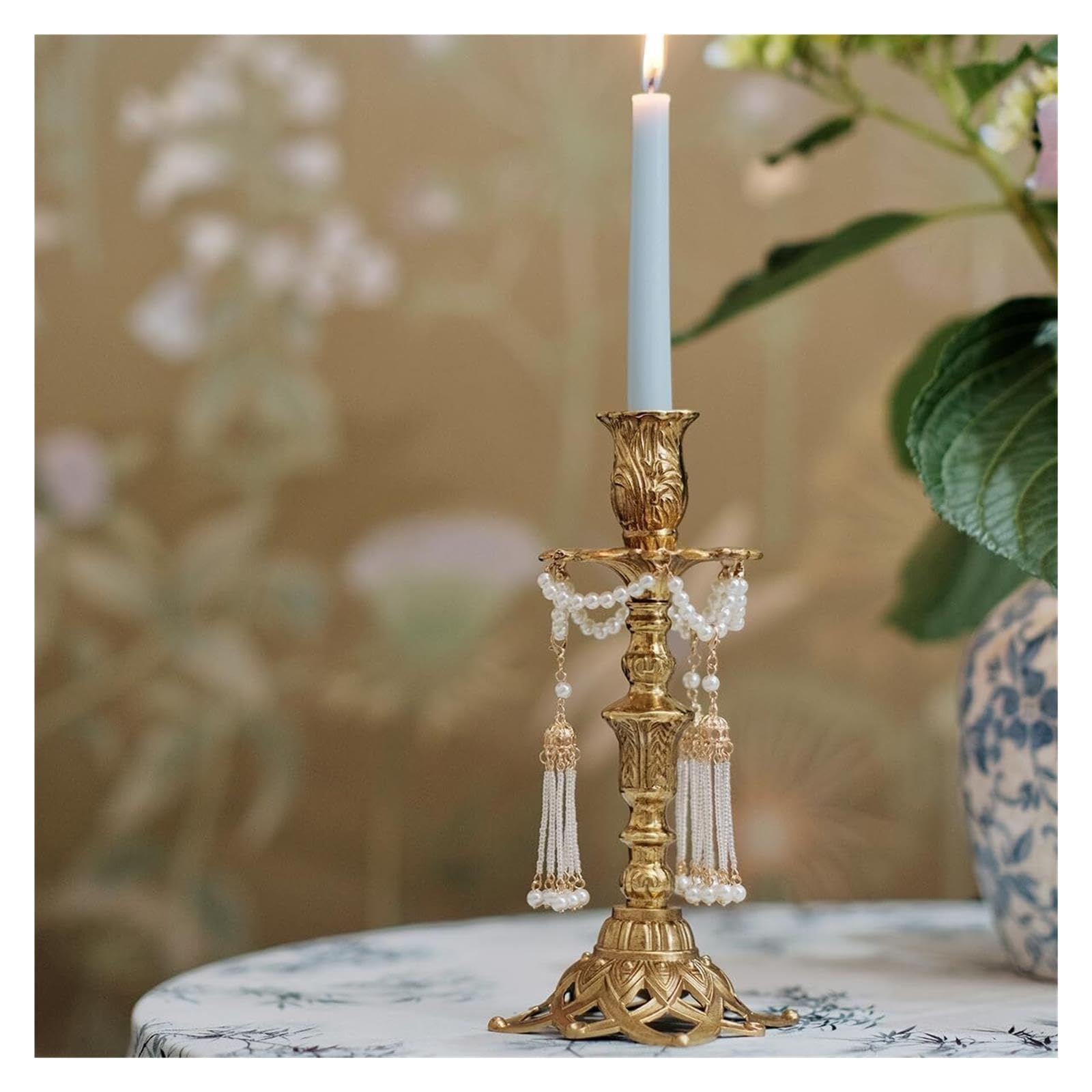 Portacandele Candele coniche con Nappe di Perle Candeliere in Ottone Decorazioni per la mensola del Camino