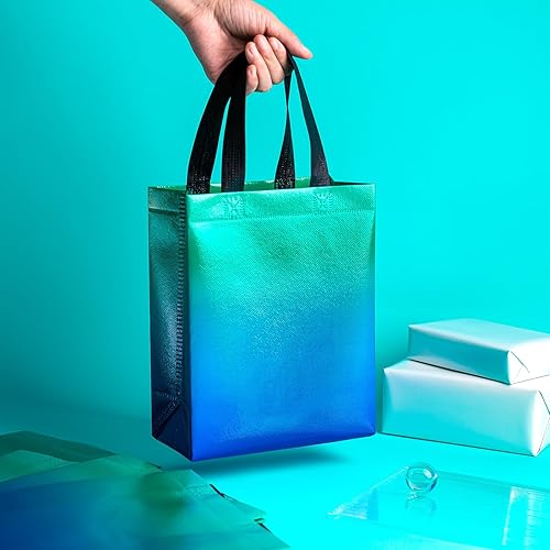 Miniatura 5 de WRAPAHOLIC Paquete de 12 bolsas de regalo reutilizables de menta degradada con asas, tamaño mediano de 8 x 4 x 10 pulgadas, perfectas para bolsas de