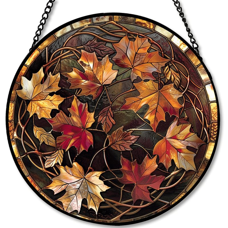 Round Autumn Maple Leaves Stained Glass Window Hanging Panel 7.8in Elegant Fall Theme Suncatcher Wall Art for Home Window Decor and Gift