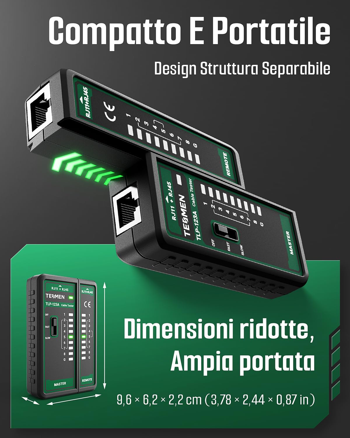 TESMEN TLP-123A Tester per cavi di rete RJ11 RJ45, strumento per cavi Ethernet CAT5/CAT5E/CAT6/CAT6A/CAT7/UTP&STP, test di continuità LAN e TEL, adatto per la manutenzione dei cavi - Verde