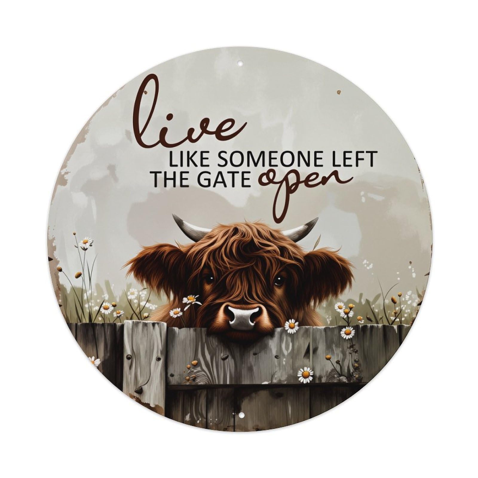 Cow Peeking Over Fence With Flowers Round Tin Sign Vintage Metal Poster Retro Bar, Home, Man Cave, Kitchen, Laundry Room Wall Art Decor Gift 8x8Inch