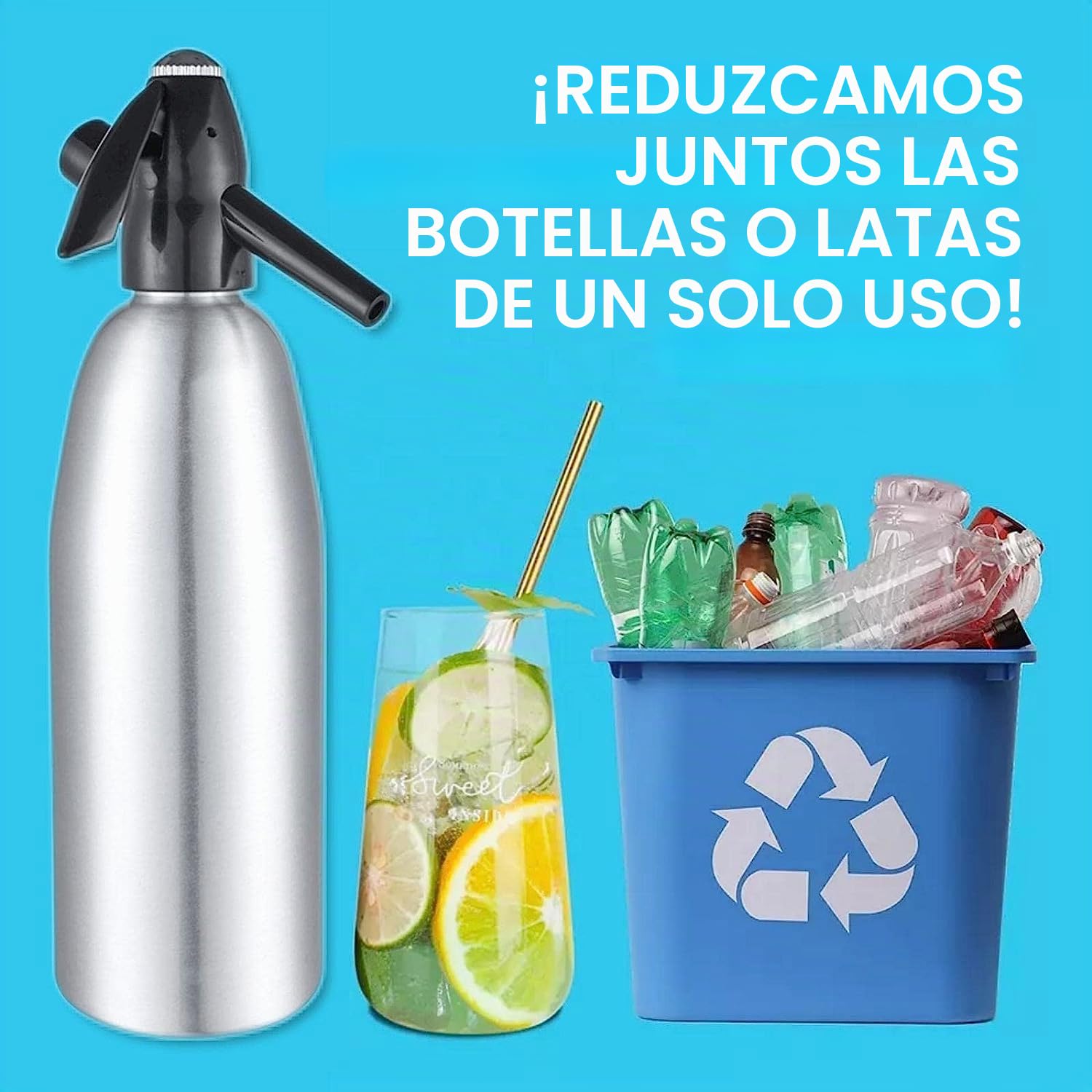 Sifón de Soda Manual 1L, Máquina para Hacer Agua con Gas de Aluminio, Sifón para Bebidas Carbonatadas, SIN Cápsulas CO2, Compatible con Cartuchos de 8g