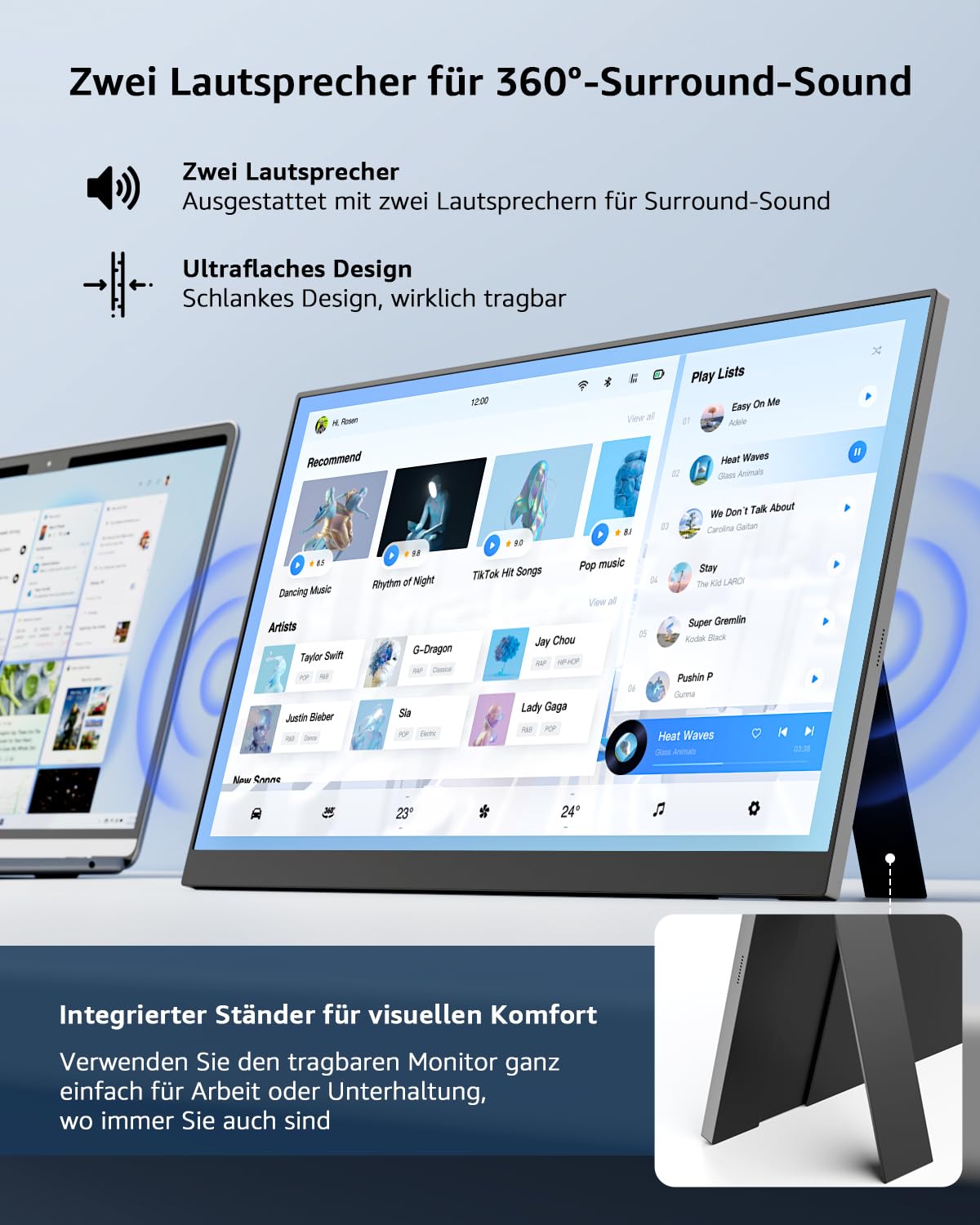Yodoit Portable Monitor, 15,6 Zoll, 1920 × 1080, Tragbarer FHD Bildschirm, IPS Display mit Ständer, USB-Typ-C-Anschluss und integrierten Lautsprechern, kompatibel mit PC, Laptop
