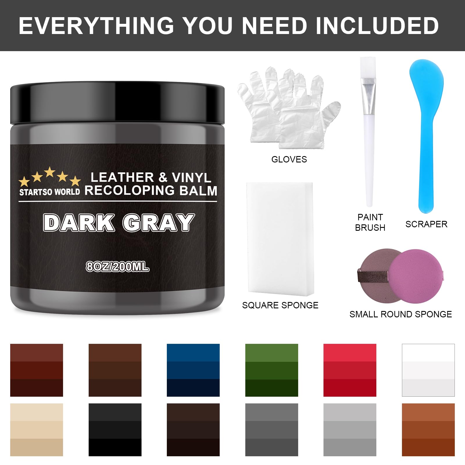 STARTSO WORLD Bálsamo de recoloración de cuero, kit de reparación de cuero gris oscuro para muebles, tinte de cuero, restaurador de color de cuero para sofás, pintura de sofá de cuero, repara,