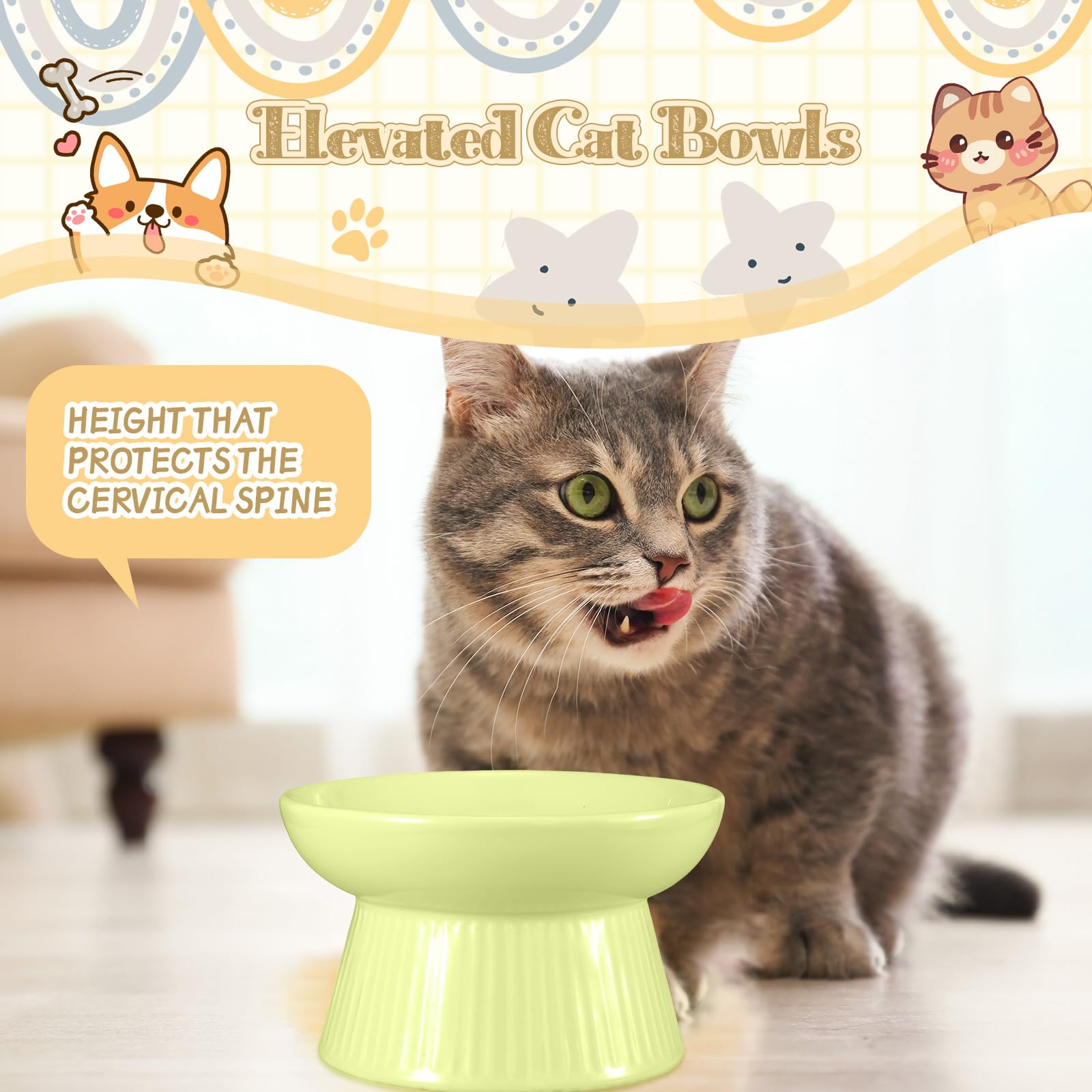 Layhit Lot de 2 gamelles surélevées en céramique pour chat - Anti-vomissements - Pour nourriture sèche et humide - Mangeoire Vert et rose