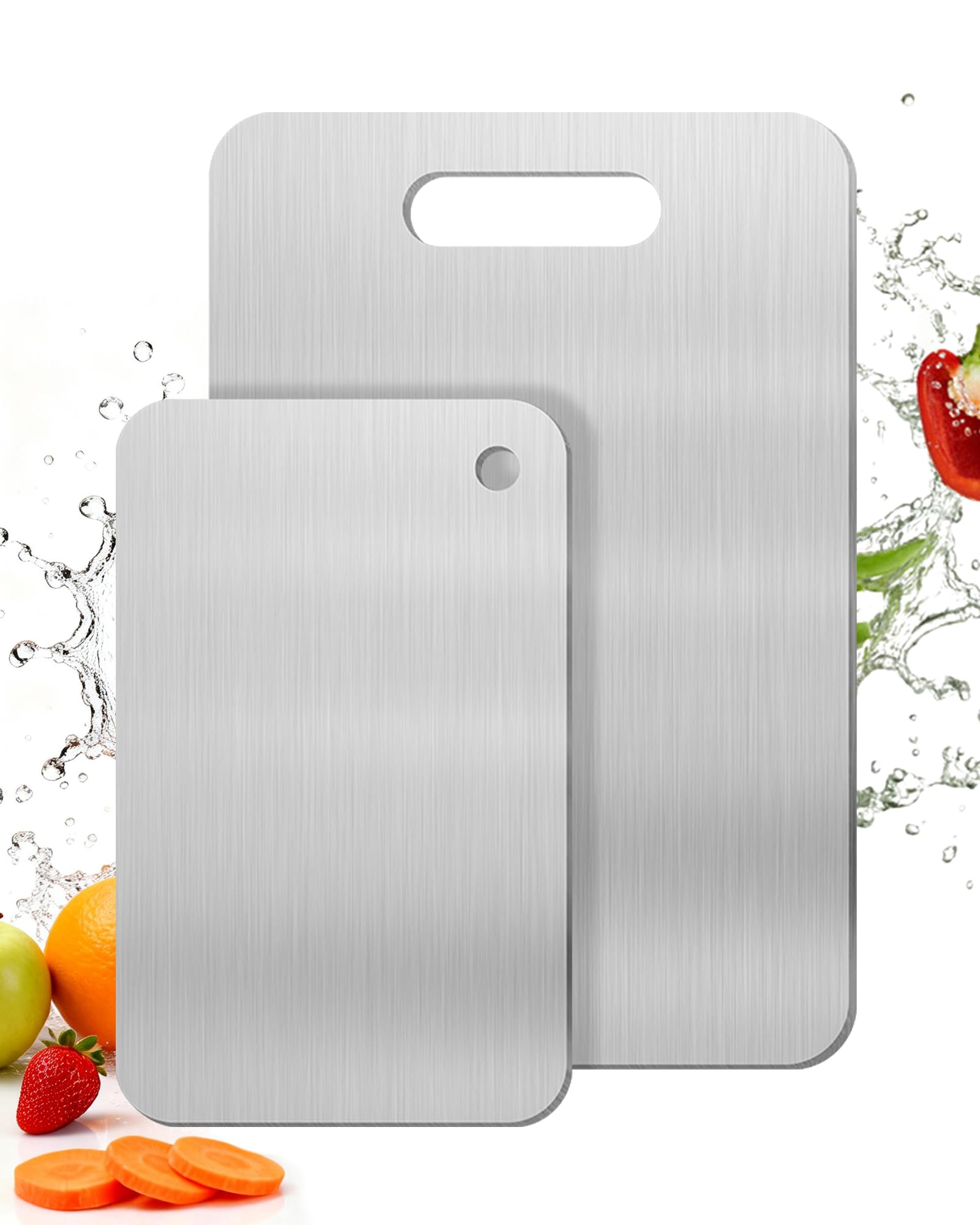 Set di 2 taglieri in acciaio inox – Tagliere inox doppio lato, senza BPA, ideale come tagliere da cucina per carne, pane, verdure e frutta, ampia superficie di taglio (34 × 23 cm + 25 × 15 cm)