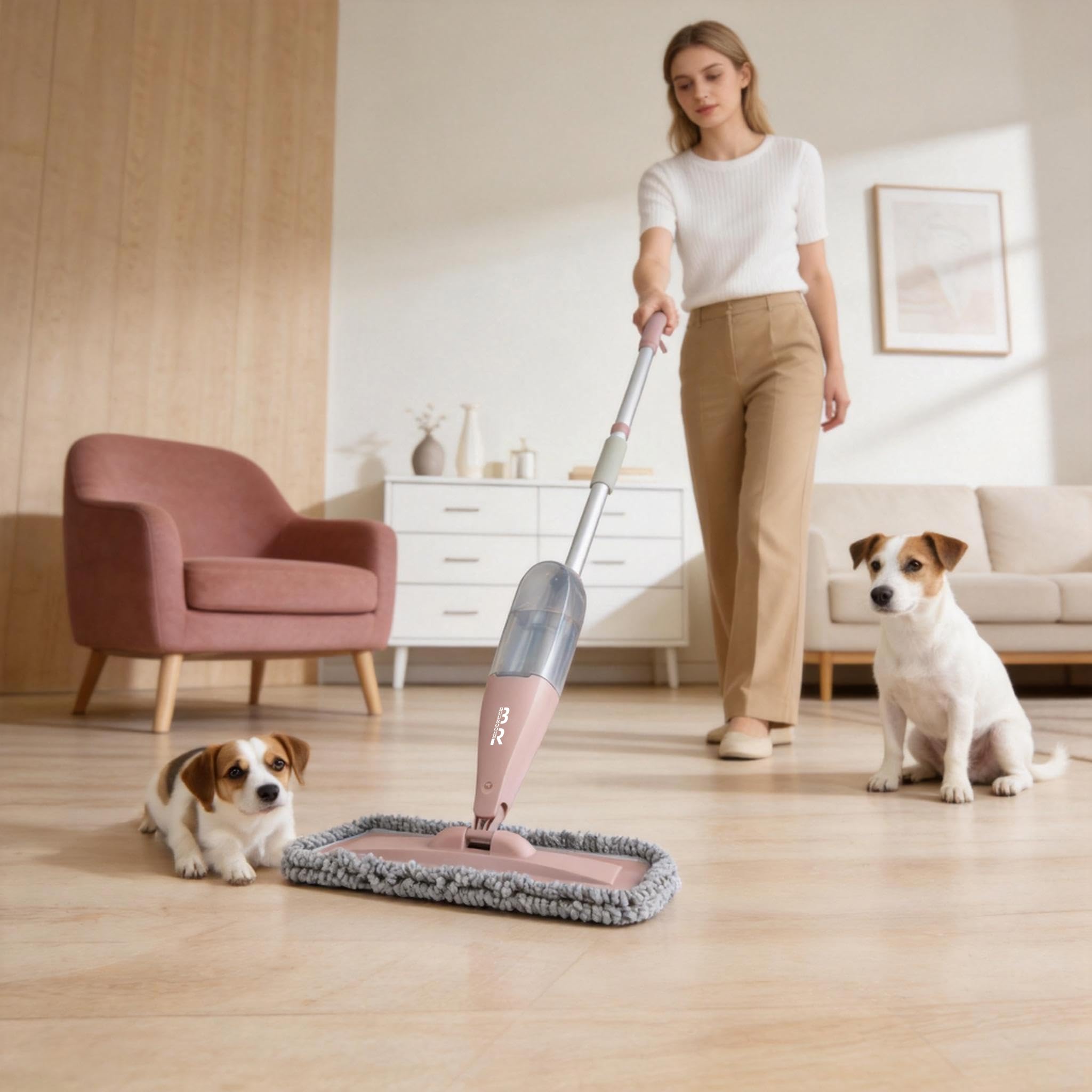 Mocio Lavapavimenti a Spruzzo Spray Floor Mop Mocio Lavapavimenti con Bottiglia Ricaricabile da 800ML e 4 Panni Lavabili per la Pulizia di legno, Laminato, Legno, Ceramica Pavimenti