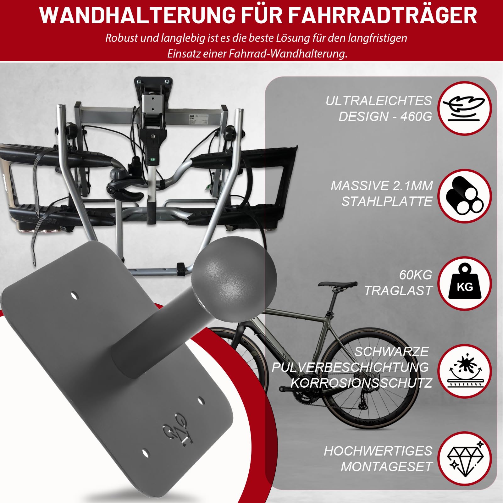 Warmfay Fahrradträger Wandhalterung, Universal Kugelkopf Fahrrad Heckträger aus Rostfreiem Stahl, 60 kg Traglast, Wandhalter Fahrradheckträger Inkl. Zubehör, Grau Auto & Motorrad