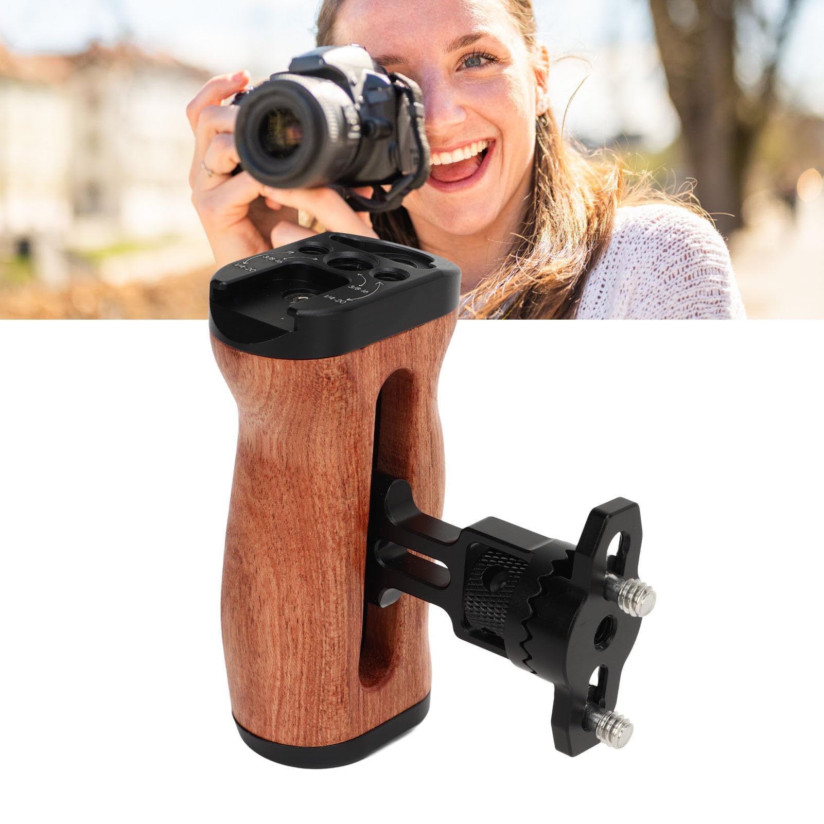 Amazon | 木製カメラケージハンドルグリップ、360度回転左右使用、1/4  