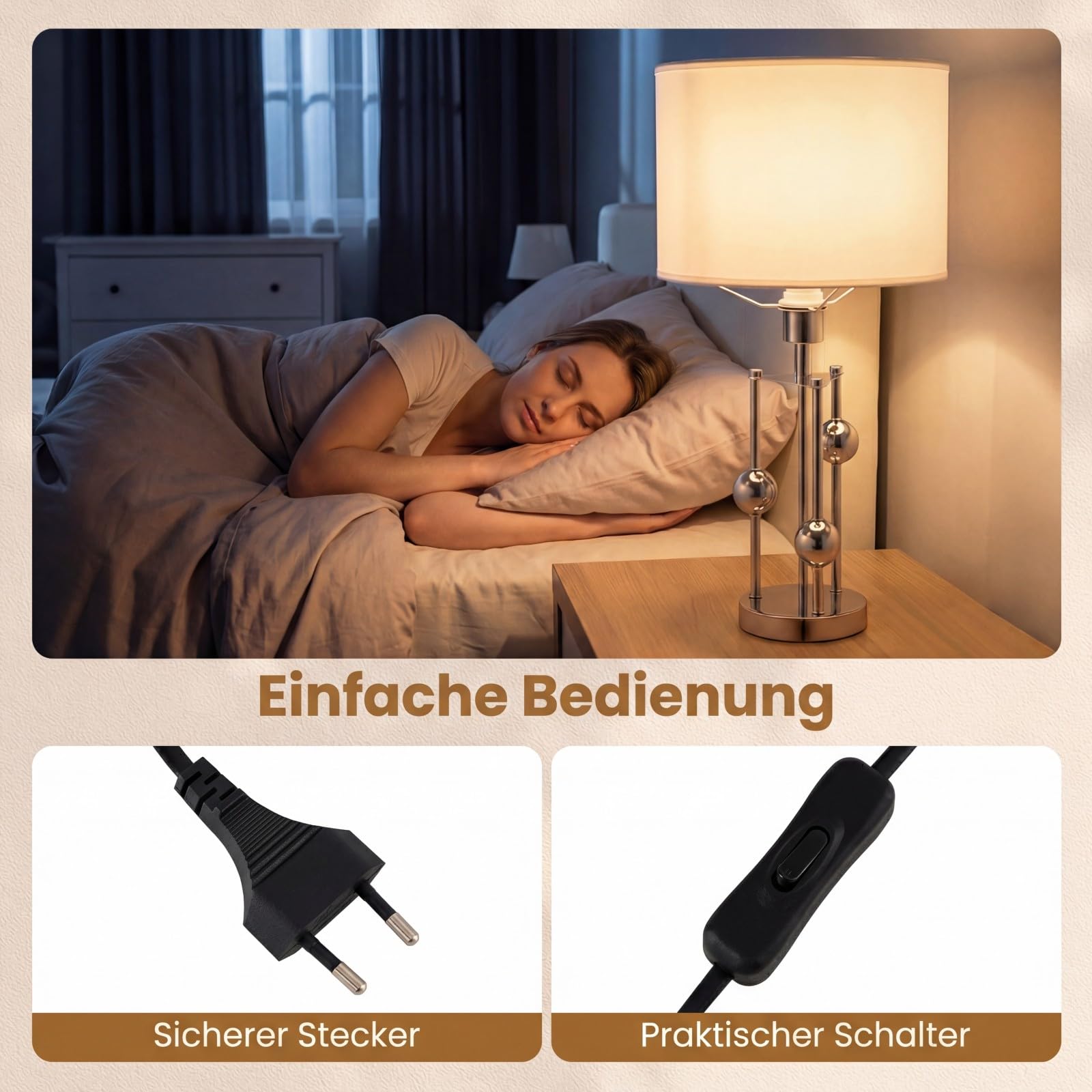 COSTWAY Nachttischlampe mit E27-Fassung, Leinenstoff-Lampenschirm und 3 Dekorativen Kugeln, Moderne Tischlampe, Schreibtischlampe für Schlafzimmer und Arbeitszimmer 30 x 60 cm