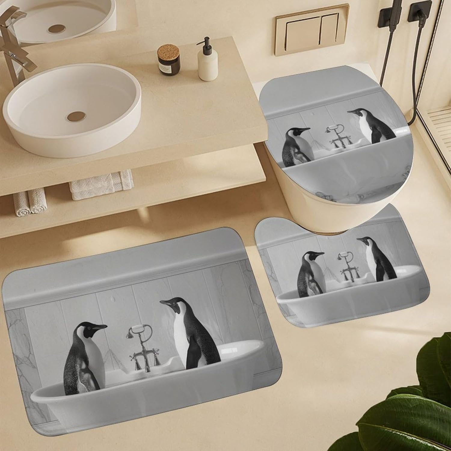 4Pcs Antarctic Penguin Shower Curtain Set, Non-Slip Rug Toilet Lid Cover Bath Mat, Black White Animal Bathtub Brick Wall Bathroom Shower Decor Set Accessory, 72" x 72"