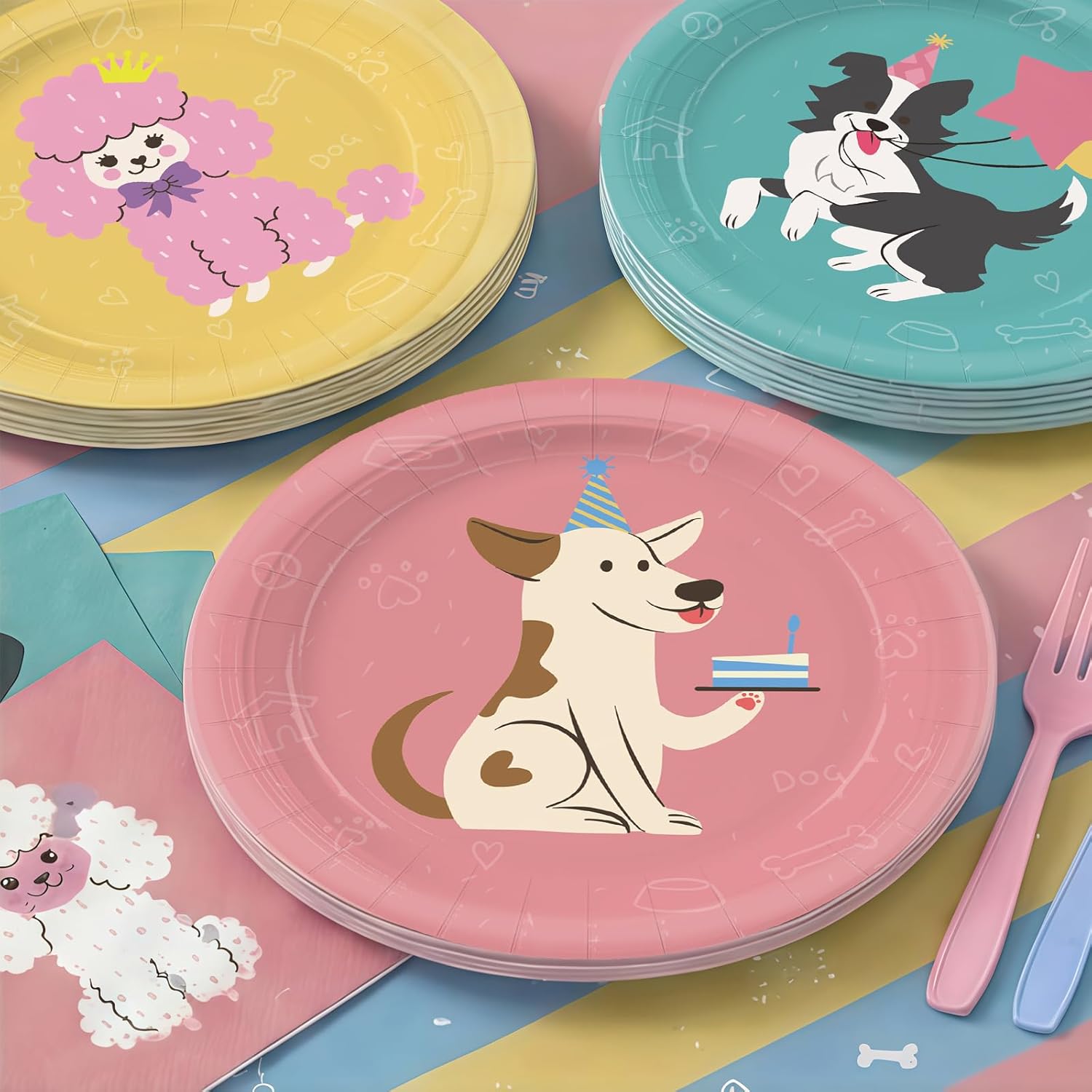 203pcs Retro Puppy Party Decorations Plates Napkins Pet Dog Birthday Party Supplies Retro Puppy Paper Cups Balloon Banner Hanging Swirls Tablecloths for Disposable Dog Birthday Tableware Set Serve 24