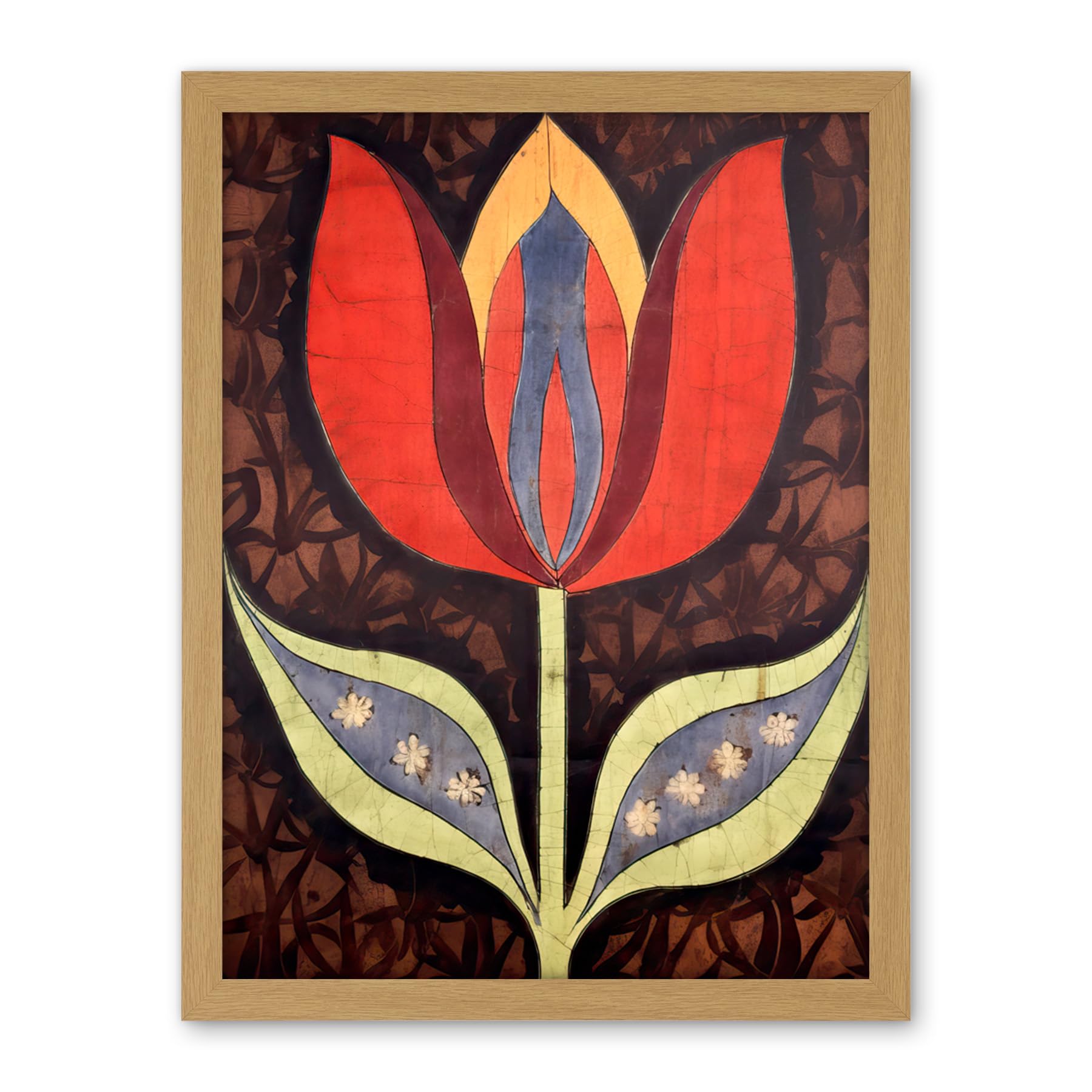 Artery8 A Single Tulip Flower Batik Style Pattern Folk Art Artwork Framed Wall Art Print 18X24 Inch