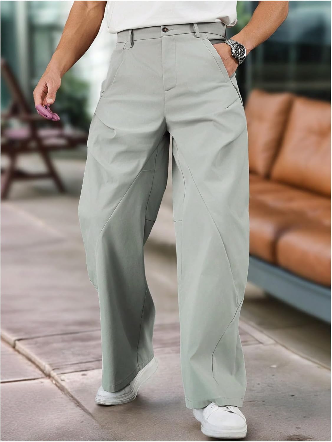 OYOANGLE Men's Wide Leg Pants Zipper Fly Ruched Work Office Casual Slacks Trousers with Pocket - Image 4