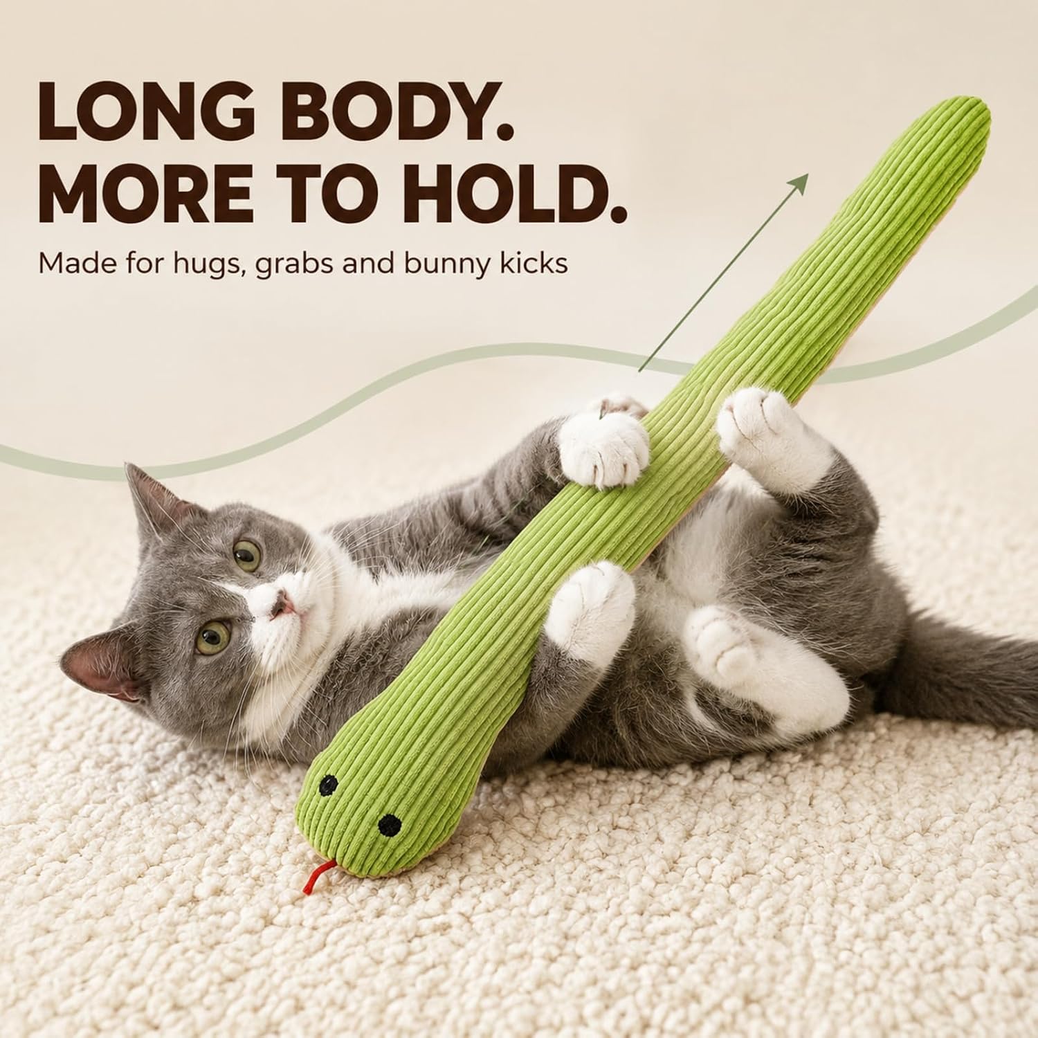 Green Plush Snake Shaped Cat Interactive Accessory with Crinkle Paper, Durable Indoor Feline Activity Supply for Household Cats image 5