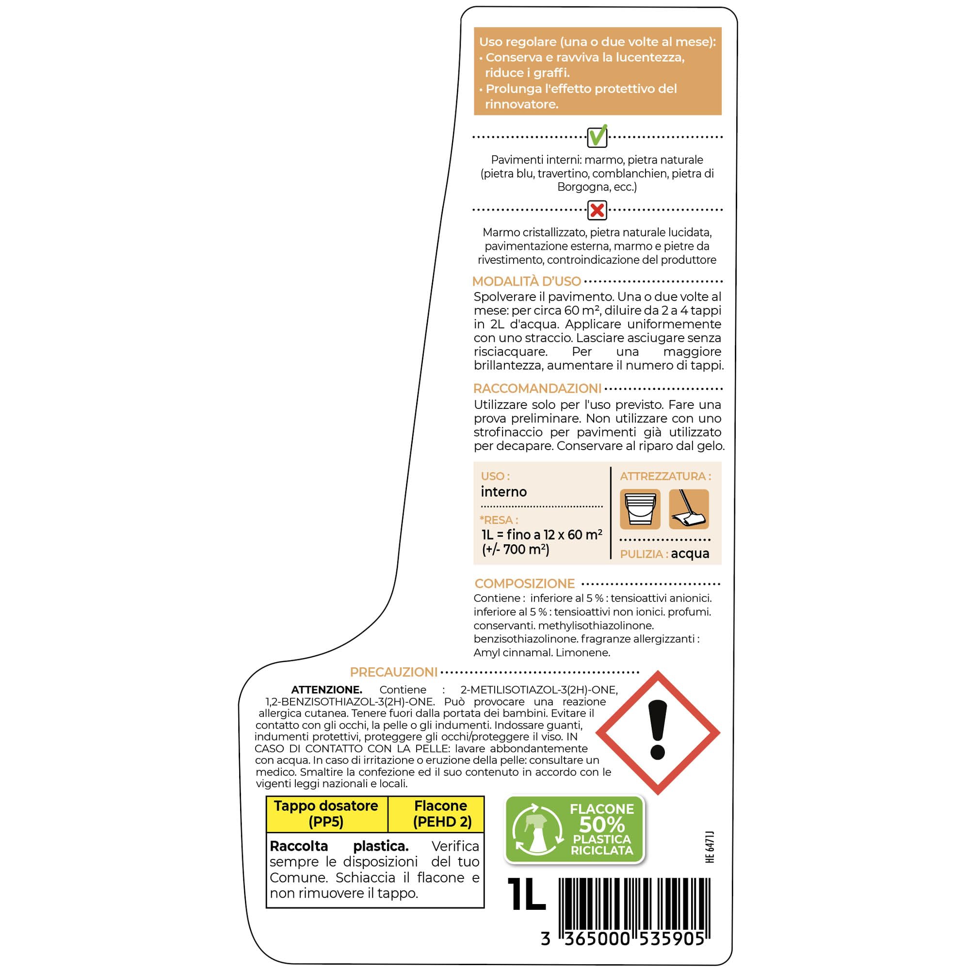 STARWAX - Pulitore brillante per marmo e pietre naturali - Pulisce e ripristina la lucentezza - Senza risciacquo - Non scivoloso - 1L - Fino a 12 operazioni