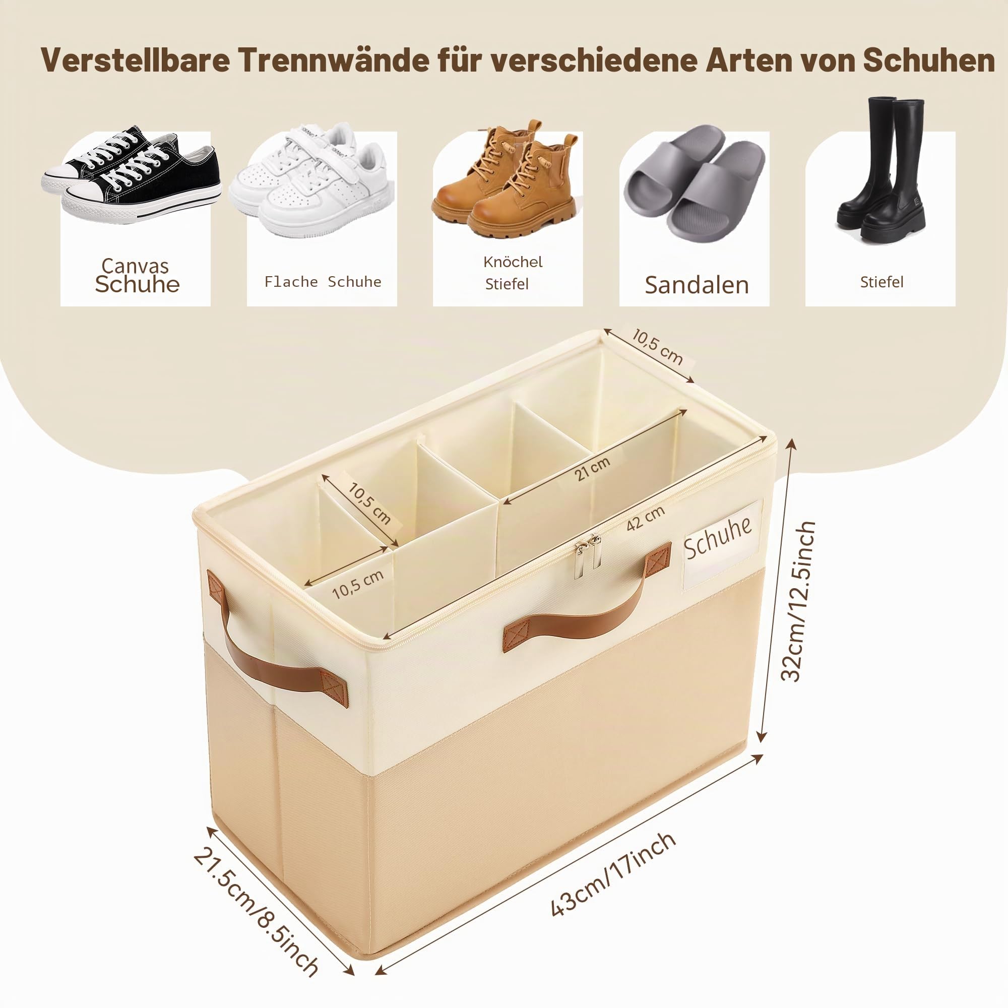 Varhomax Schuhorganizer-Box für Schrank | Stoff-Aufbewahrungsbox mit verstellbaren Trennwänden & transparenter Abdeckung (Braun-Klein-1 Packung)
