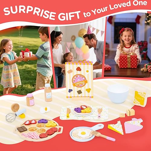 Miniatura 7 de Juego de juguetes de panqueques de madera para niños, cocina de bricolaje, juego de comida, juguetes educativos de aprendizaje para niños de 3, 4,